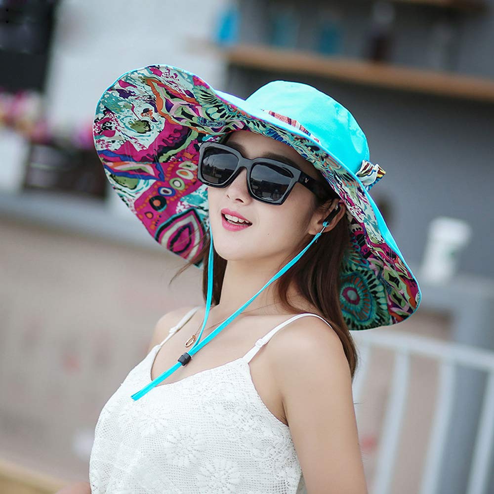 Reversible Women's Beach Sun Hat - UPF 50+ Floral Cowboy Summer Hat with Windproof Ribbon for Outdoor, Travel & Vacation