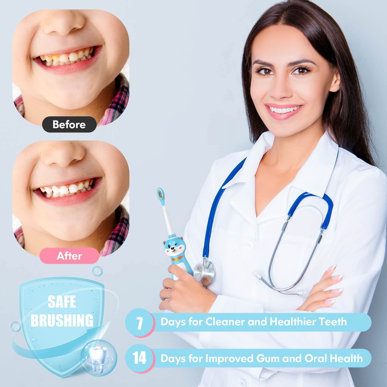 DADA-TECH Rechargeable Electric Toothbrush for Kids - Blue (DT-K6 & DT-KE9 Models) | Gentle Teeth Cleaning with Soft Bristles | Perfect for Children's Oral Care & Travel Use