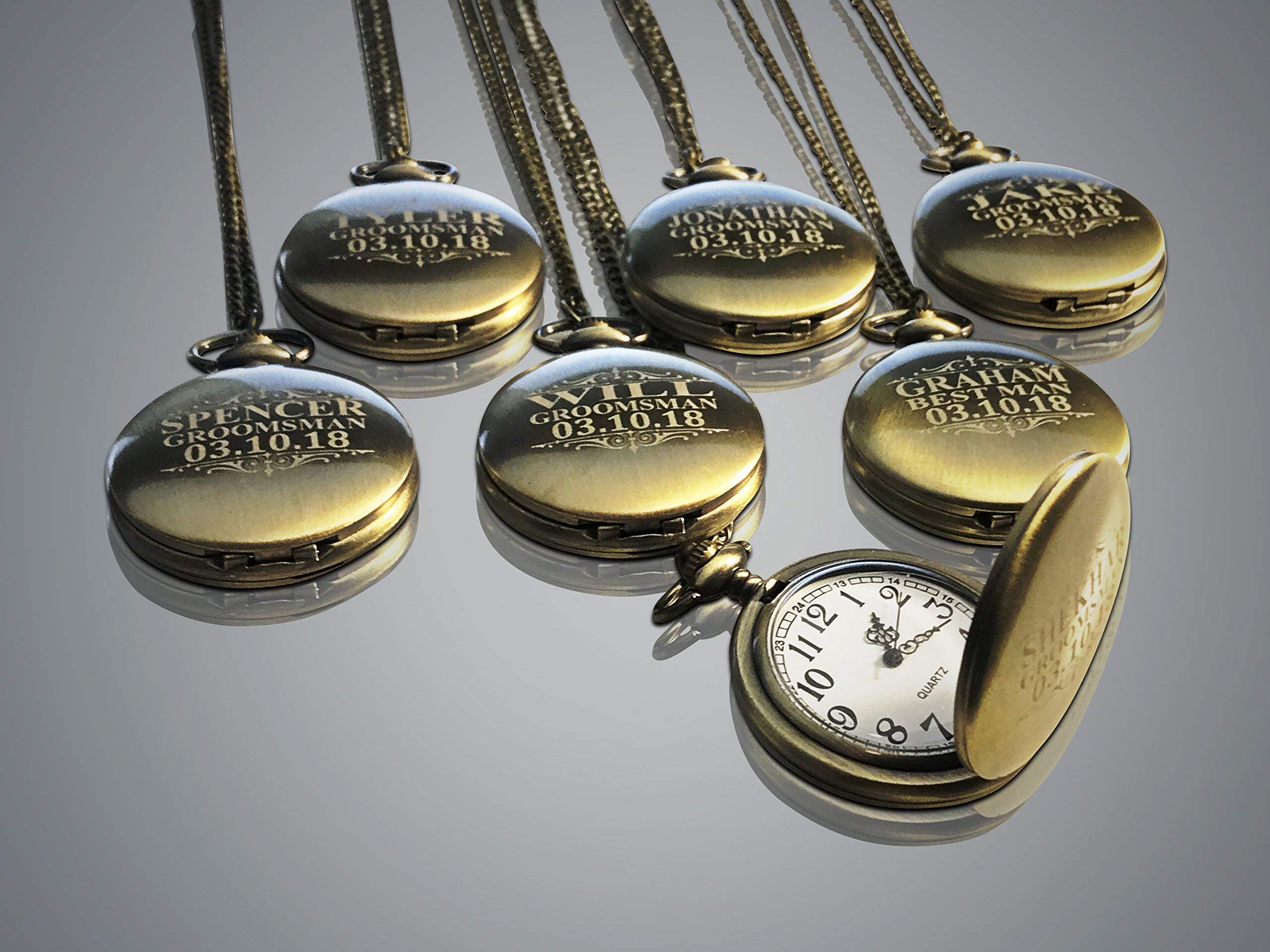 6 Silver Pocket Watches for Groomsmen - Engraved Gift Set with Chains & Display Box - Perfect for Weddings, Anniversaries & Special Occasions