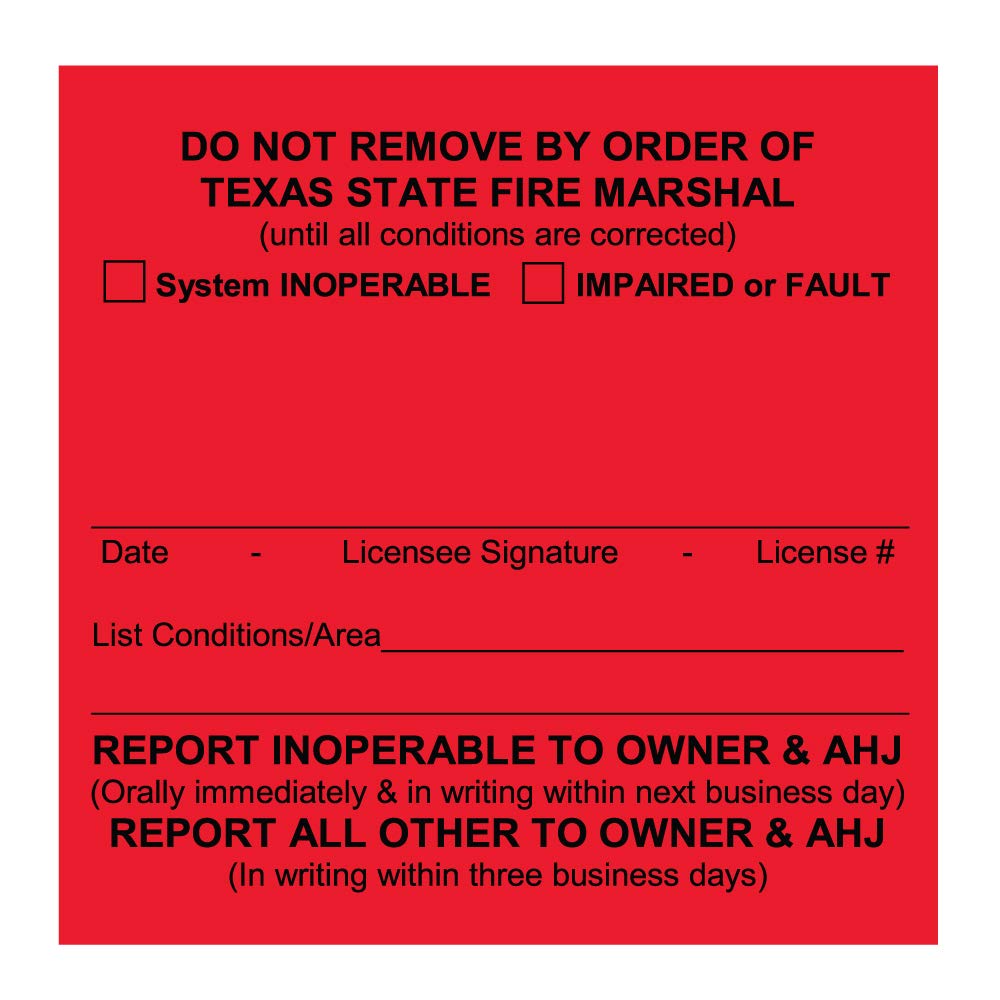 Texas Fire Alarm System Custom Printed Labels - 100 Pack Red Maintenance Inspection & Test Record Cards for Commercial & Residential Safety Compliance