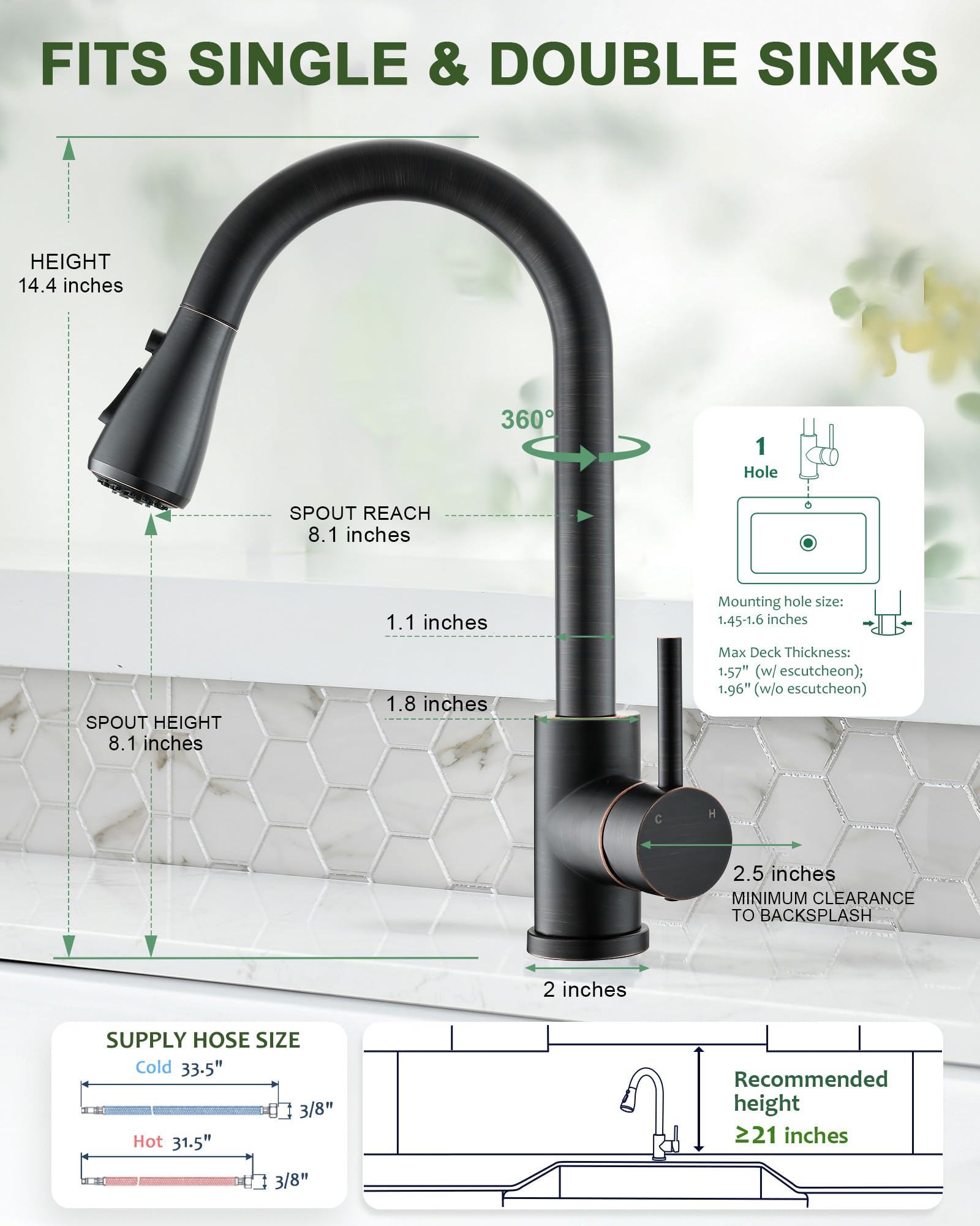 Oil Rubbed Bronze Kitchen Faucet with Pull Down Sprayer - Perfect for Farmhouse Sinks & RVs