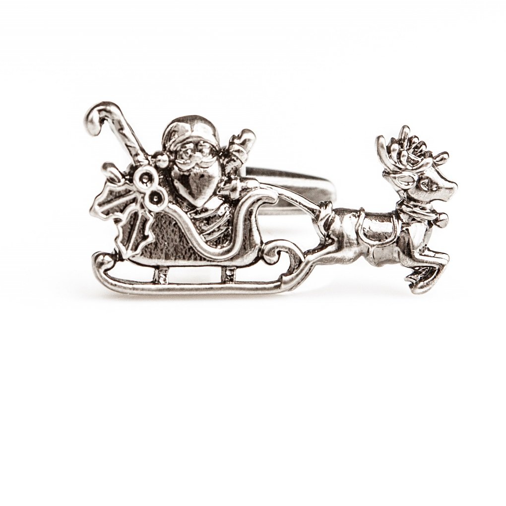MRCUFF Santa Claus Christmas Reindeer Sleigh Cufflinks Set - Sterling Silver Dress Cuff Links for Men with Gift Box & Polishing Cloth - Perfect for Holiday Parties, Weddings & Formal Events