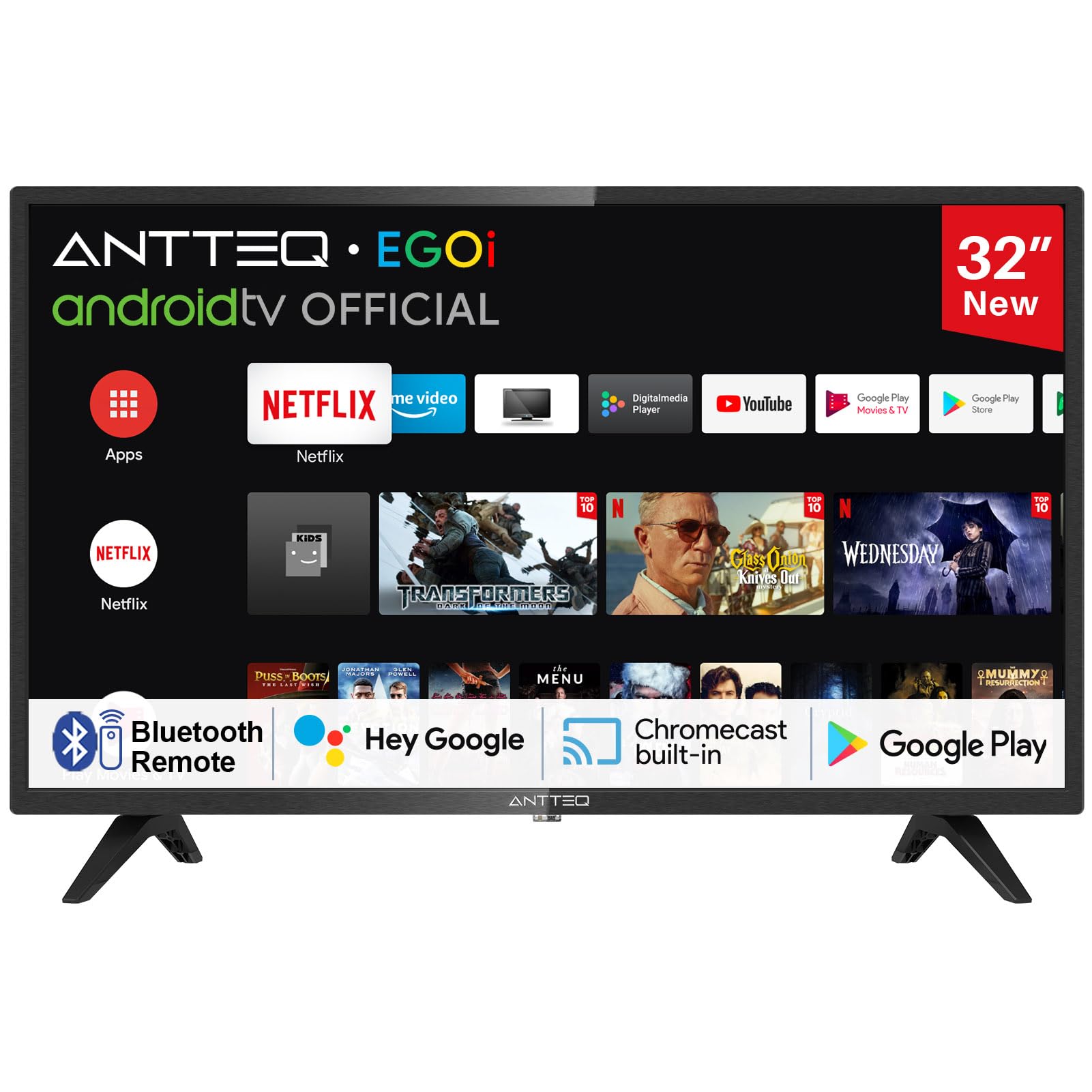 32 Inch Smart LED TV with Android OS - Full HD 1080p, Bluetooth Voice Control, Triple Tuner (DVB-C/S2/T2), Built-in WiFi, Pre-installed Apps (Netflix/Prime Video/YouTube/DAZN) - Perfect for Living Room, Bedroom or Small Spaces Entertainment