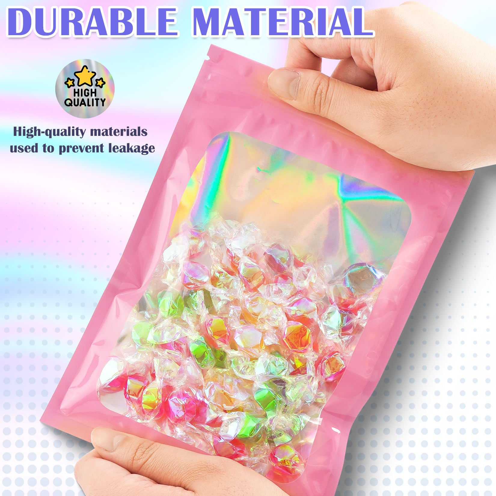 100 PCS Pink Holographic Mylar Bags - Smell Proof & Resealable Food Storage Bags (2.8x3.9in) - Airtight Packaging for Jewelry, Bracelets, Snacks & Small Business Use - Perfect for Organizing, Gifting & Retail Display
