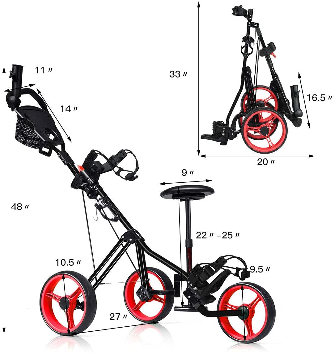 GRAFFY 3 Wheel Golf Push Cart with Seat - Adjustable Height Handle, Lightweight Folding Golf Trolley with Scoreboard, Bag Foot Brake, Cup & Umbrella Holder - Perfect for Golf Courses, Driving Ranges & Outdoor Practice Sessions