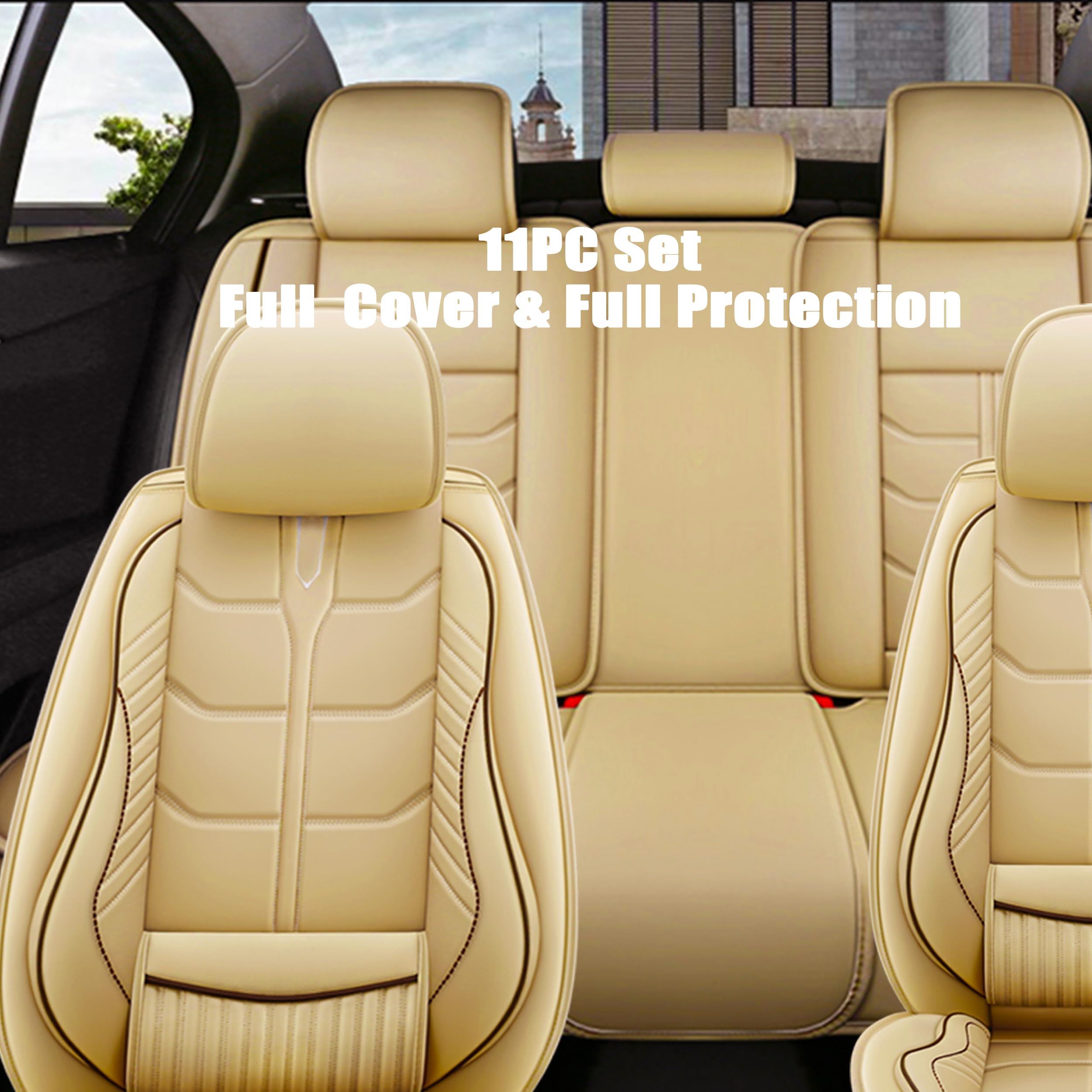 Premium Amooca Full Set Car Seat Covers - Universal Fit for Most Cars & SUVs (Front & Back Seats) - Waterproof Nappa Leather Auto Seat Protector Cushion in Beige - Perfect for Daily Commute, Road Trips & Family Protection