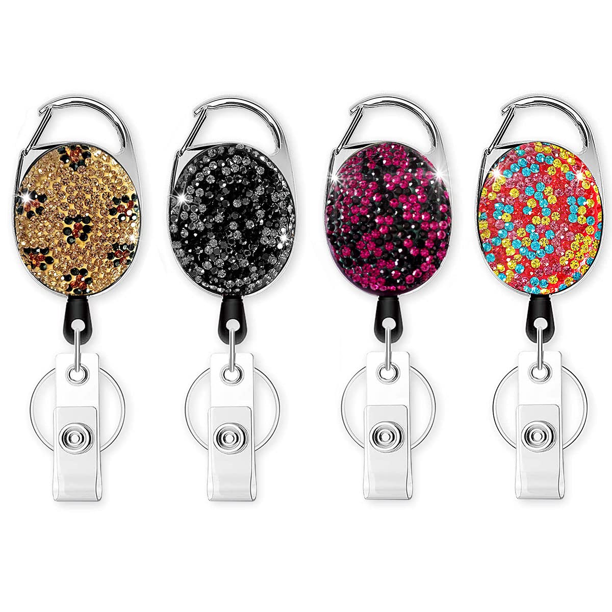HASFINE 4 Pack Retractable Badge Reels with Rhinestones - Shiny Multicolor ID Badge Holders with Belt Clip & Key Ring for Office, School, Hospital - Perfect for Teachers, Nurses, Students & Professionals (Multicolor) - Keep Your ID Secure at Work, Conferences & Events