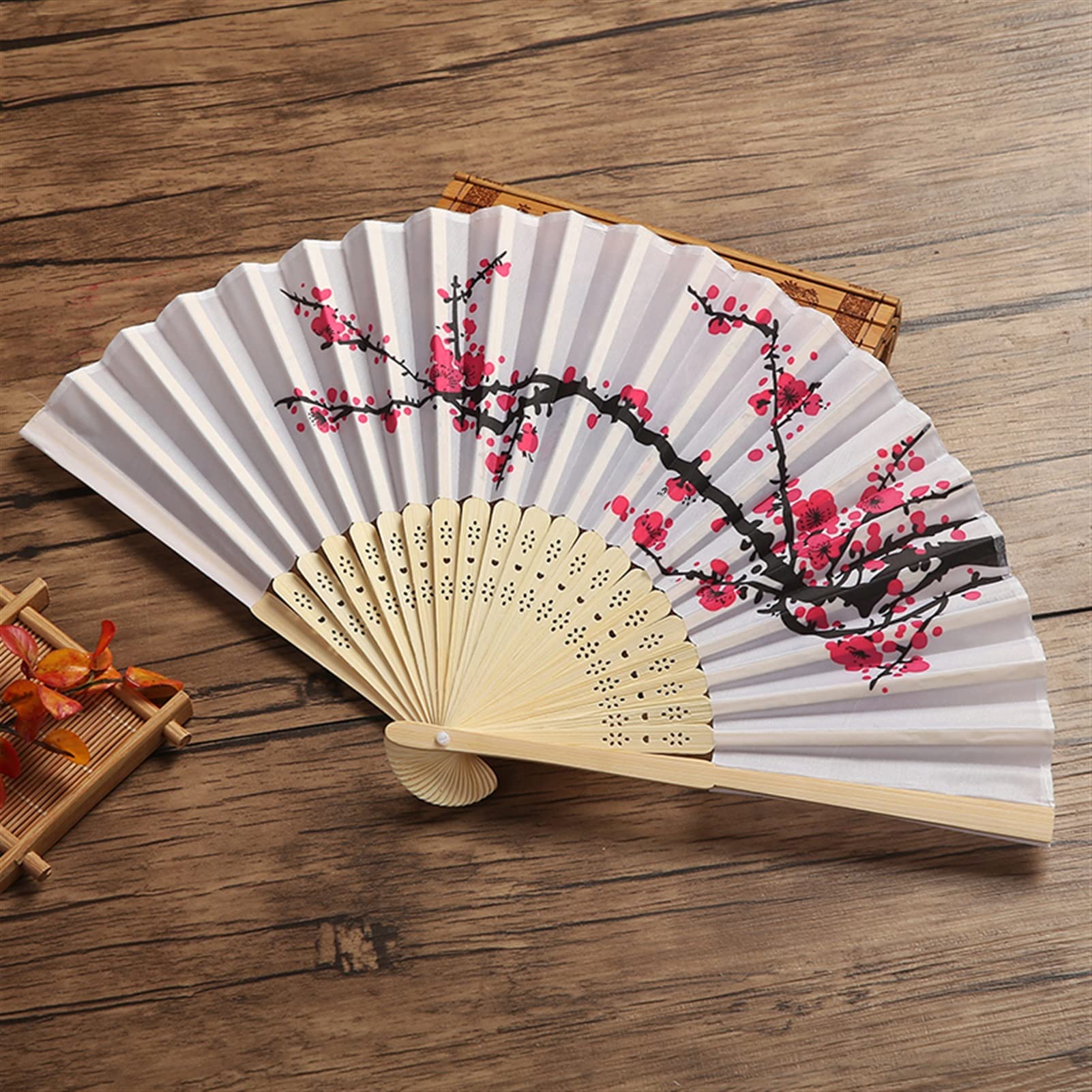 Chinese Style Folding Hand Fan - Beautiful Plum Blossom Printed Bamboo Handheld Fan with Tassel, 8.3 Inch Elegant Home Decor & Wedding Accessory | Perfect for Asian Weddings, Tea Ceremonies, Home Decoration and Summer Cooling