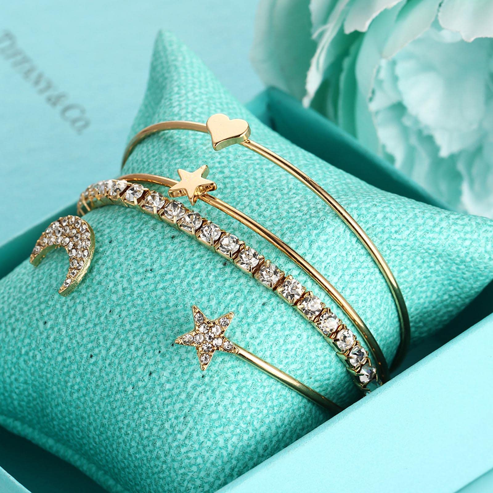 Layered Moon Star Bracelet - Gold Rhinestone Tennis Chain Cuff Bracelet Set for Women, Vintage Crystal Hand Chain Jewelry, 4Pcs - Perfect for Parties, Weddings & Everyday Wear