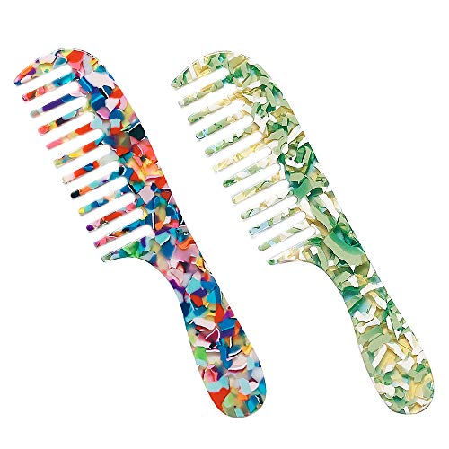 2 Pack Wide Tooth Detangling Comb for Curly & Thick Hair - Large Teeth Shower Comb for Wet/Dry Hair, Styling & Hairdressing (Blue & Green) - Perfect for Salon, Home Use & Travel