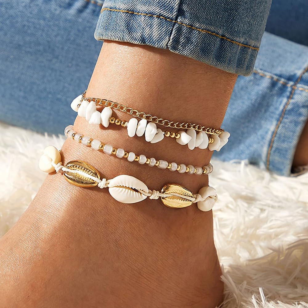 Rrdaily 4Pcs Adjustable Bohemian Beach Beaded Anklet Bracelet Set for Women - Layered Seashell Foot Jewelry with Stones, Perfect Gift for Summer Vacation & Boho Fashion Accessories