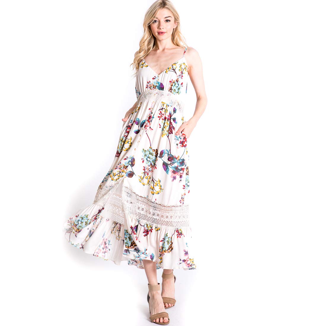 Cream Floral Maxi Sun Dress with Crochet Lace Detail & Spaghetti Straps - Medium Size | Boho Summer Beach Dress for Women, Perfect for Vacations, Weddings & Outdoor Parties