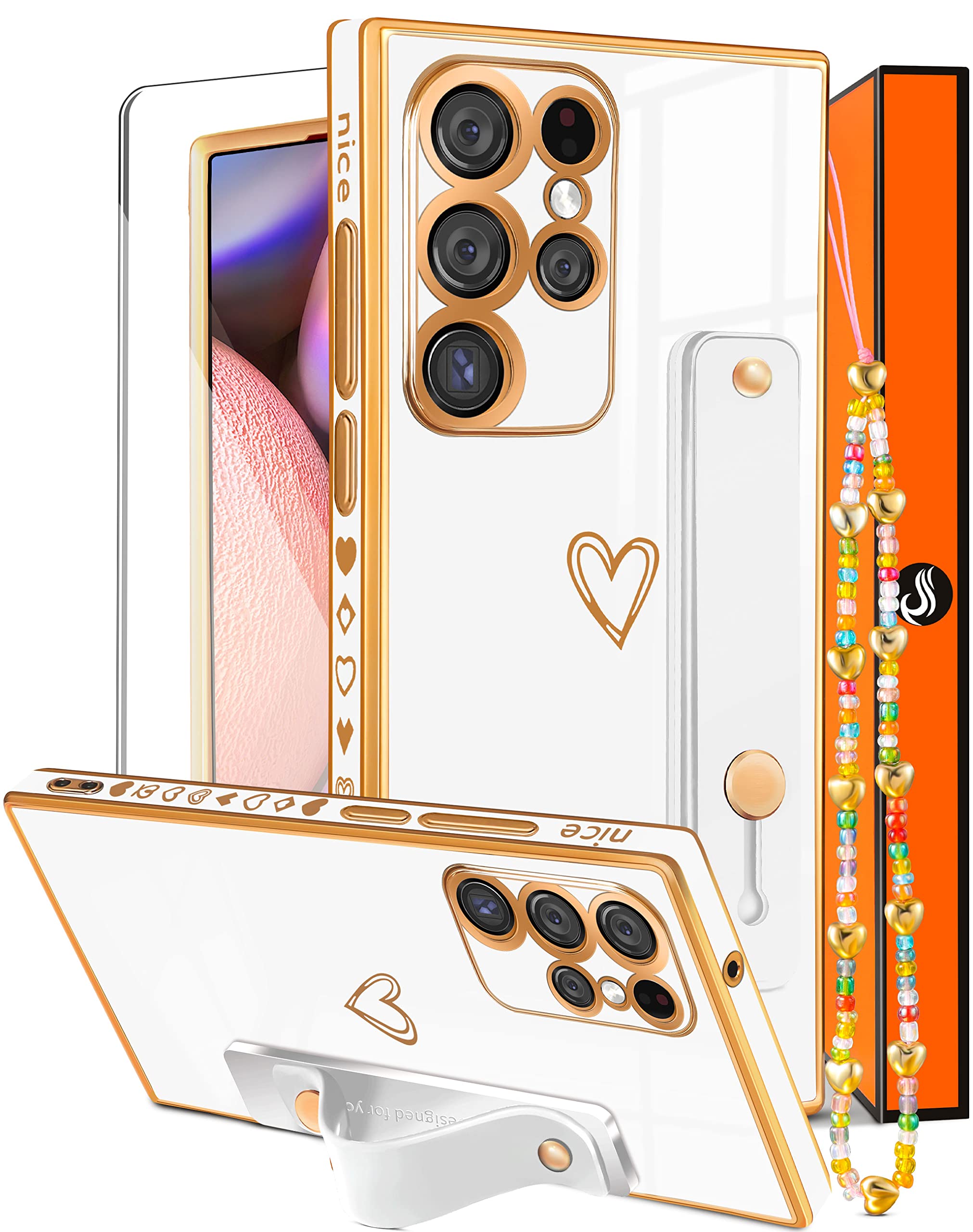Samsung Galaxy S22 Ultra Case (6.8 inch) - 3-in-1 Luxury Cute Heart Design Phone Cover for Women with Gold Plating, Screen Protector & Detachable Chain - Perfect for Everyday Use, Gift Giving & Fashion Accessories