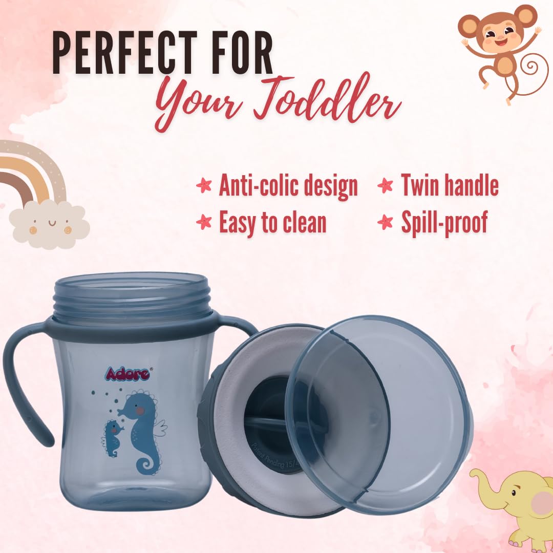 Adore Magic 360 Spoutless Sipper Cup with Handle - Leak Proof Baby Water Bottle for 6-12 Months | Anti Spill Straw Cup for Toddlers & Kids | BPA Free Spill Proof Training Cup (250ml, Blue) - Perfect for Daycare, Travel & Learning to Drink Independently