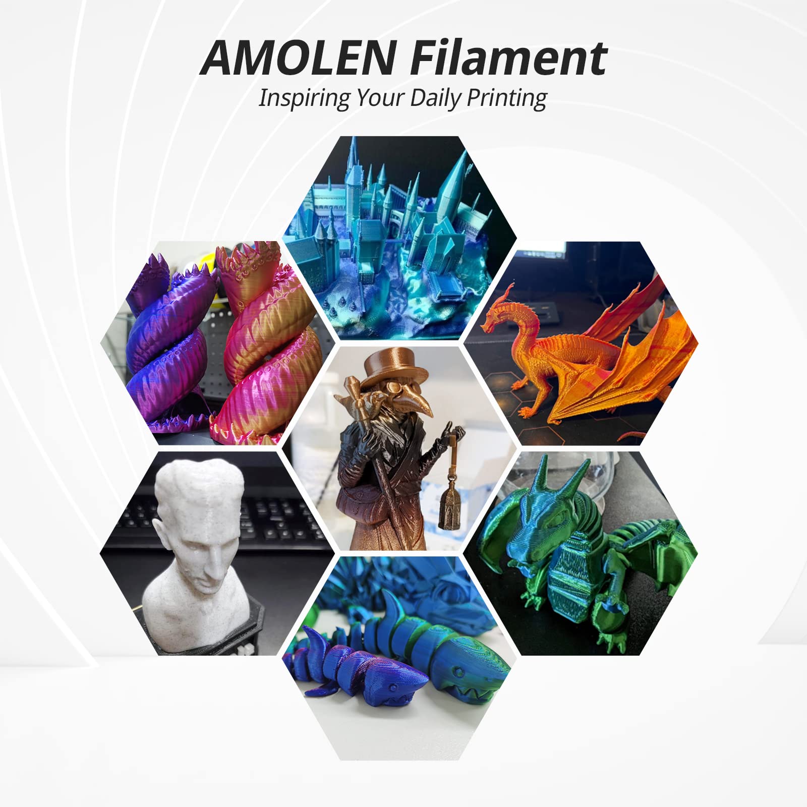Premium AMOLEN PLA 3D Printer Filament Bundle - 1.75mm Silk PLA Filament in Gold, Silver, Bronze & Red Copper (200g x 4 Spools) for 3D Printing, DIY Projects, Cosplay Props & Home Decor
