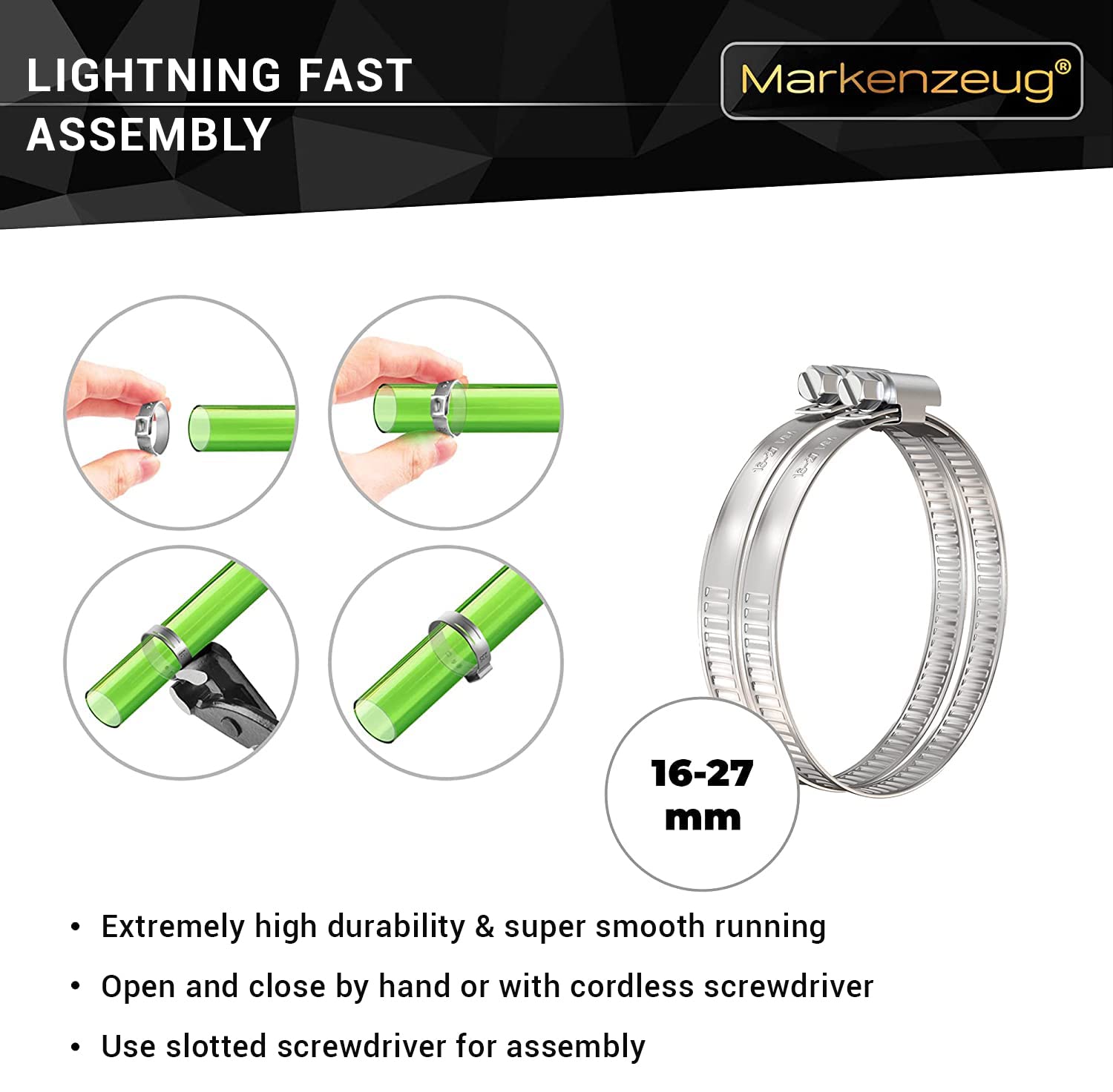MARKENZEUG® Stainless Steel Hose Clamps Set - 10 Pcs Rustproof Pipe Clamps (16-27mm) for Washing Machine, Pool, Car & Plumbing - Heavy Duty Screw Clamps for Secure Water Hose Connections