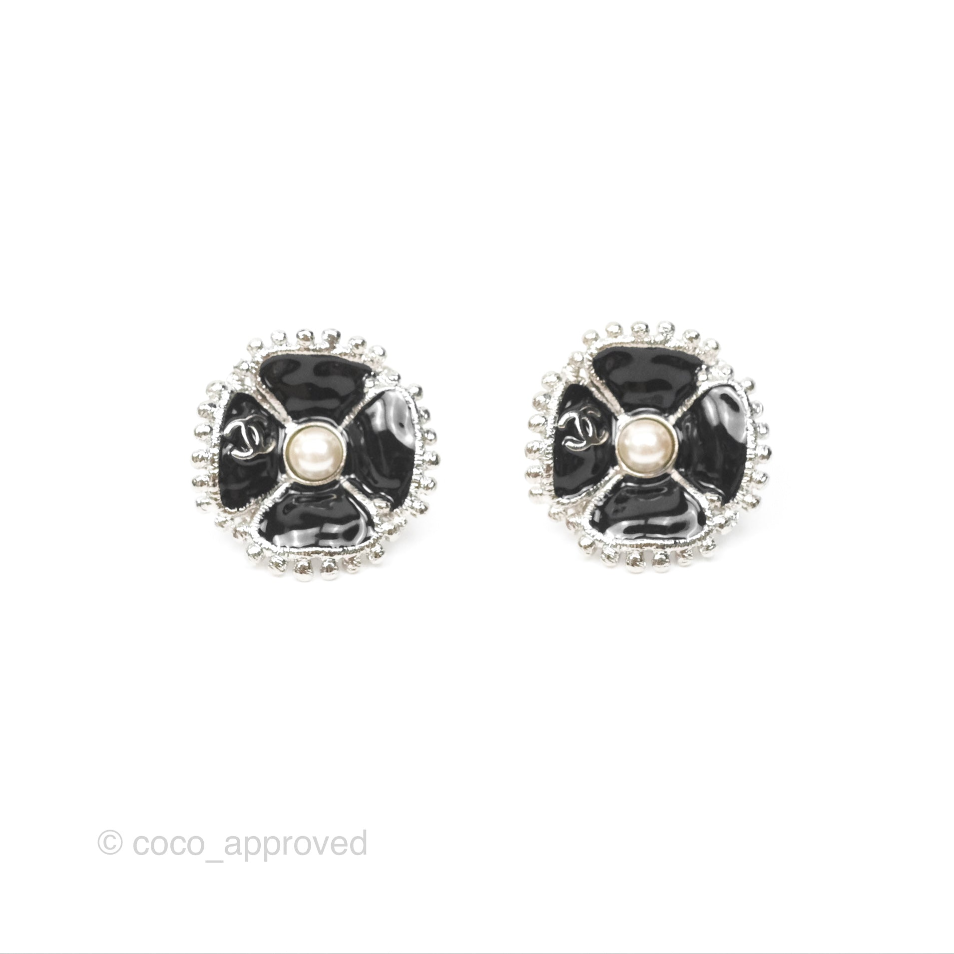 Chanel Camellia Pearl Black Earrings Silver Tone 23K Gold - Luxury Fashion Jewelry for Women, Perfect for Parties & Special Occasions