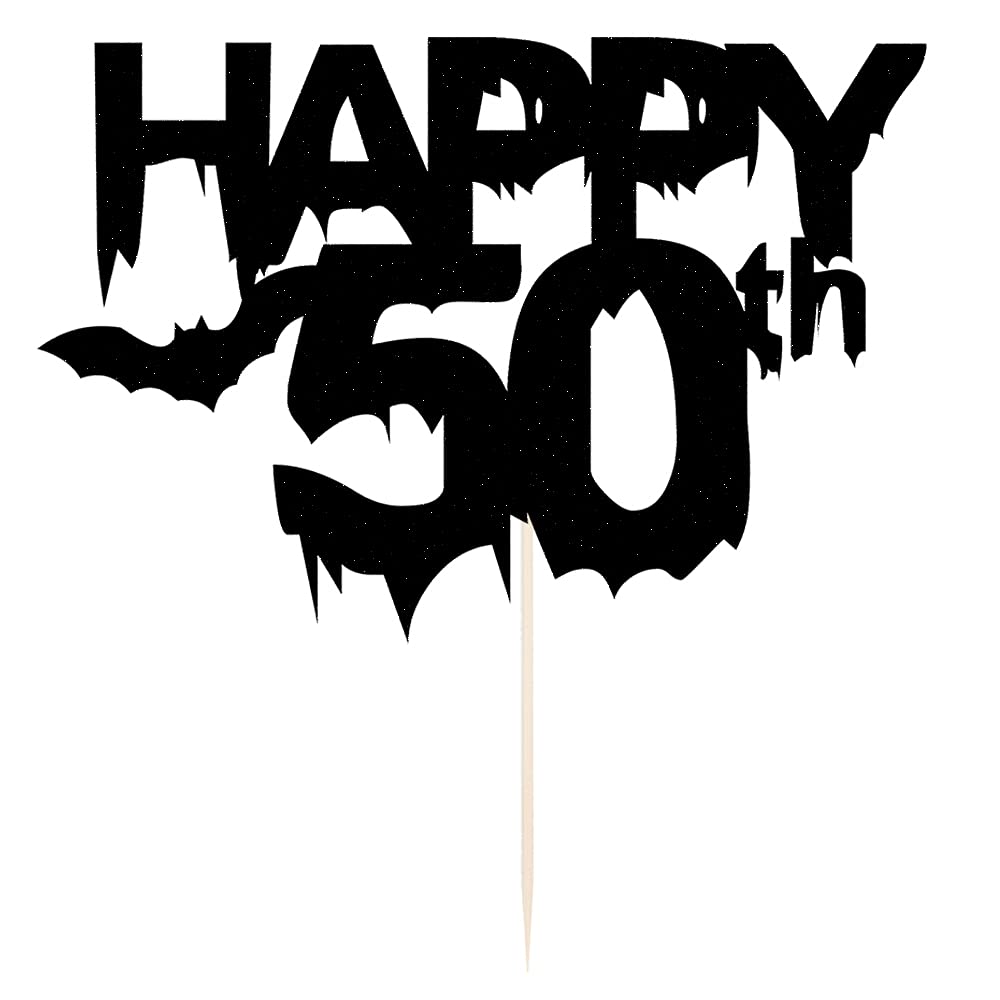 Black Glitter Happy 50th Birthday Cake Topper - Elegant 50th Birthday Cake Decoration for Halloween, Wedding & Anniversary Parties - Perfect for Bat-Themed Celebrations and Special Occasions