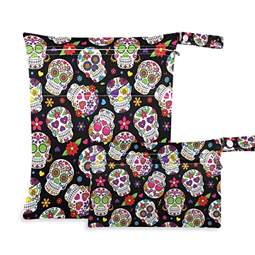 **Reusable Waterproof Wet Dry Bag with Two Zippered Pockets - Sugar Skull Design for Diapers, Swimsuits & Toiletries | Perfect for Pool, Travel & Gym Storage**