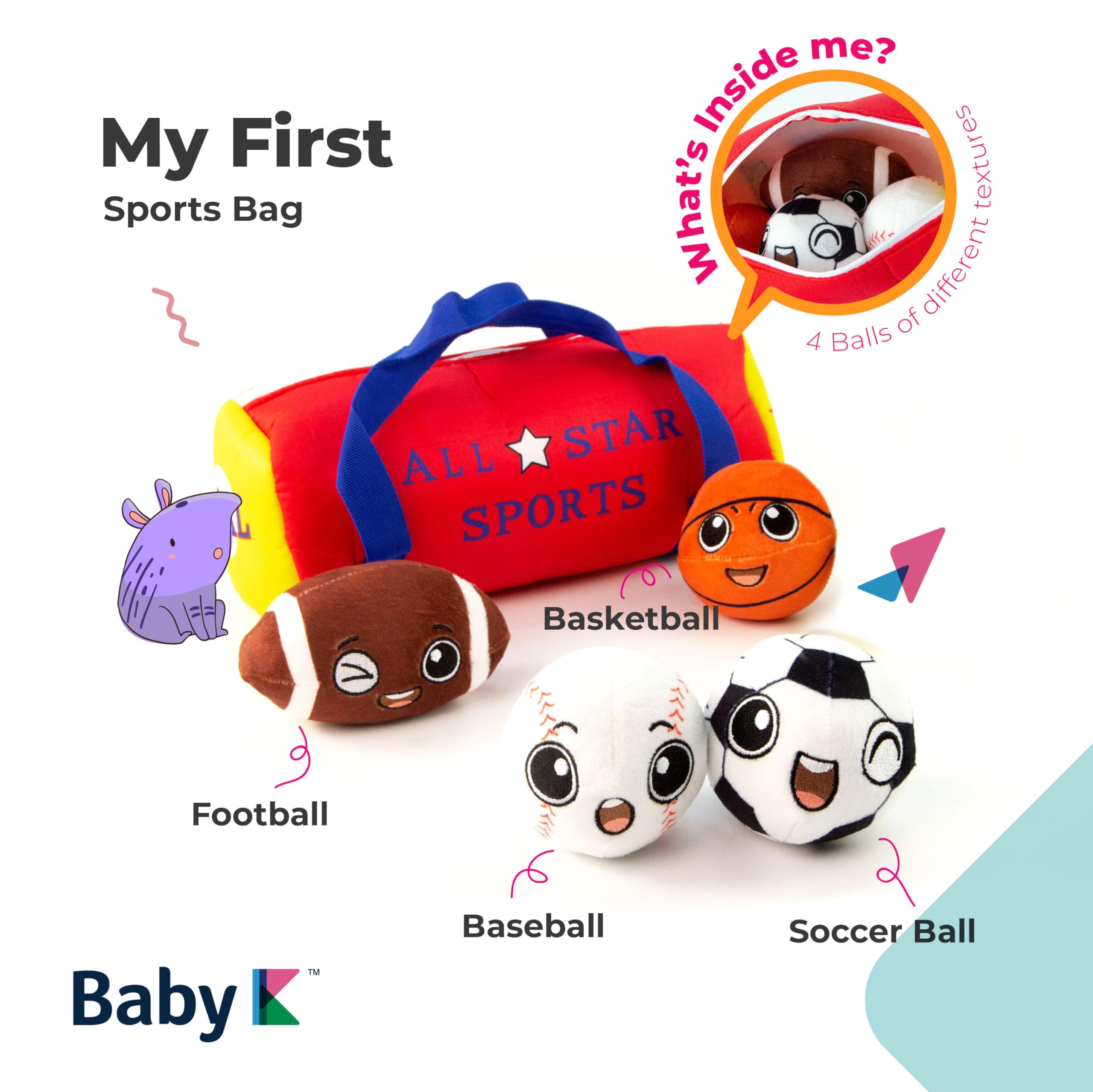 My First Sports Bag for Baby with 4 Soft Plush Balls - Football, Basketball, Baseball & Tennis Rattle Toys for 1 Year Old Toddlers | Perfect for Early Learning, Sensory Play & First Birthday Gifts