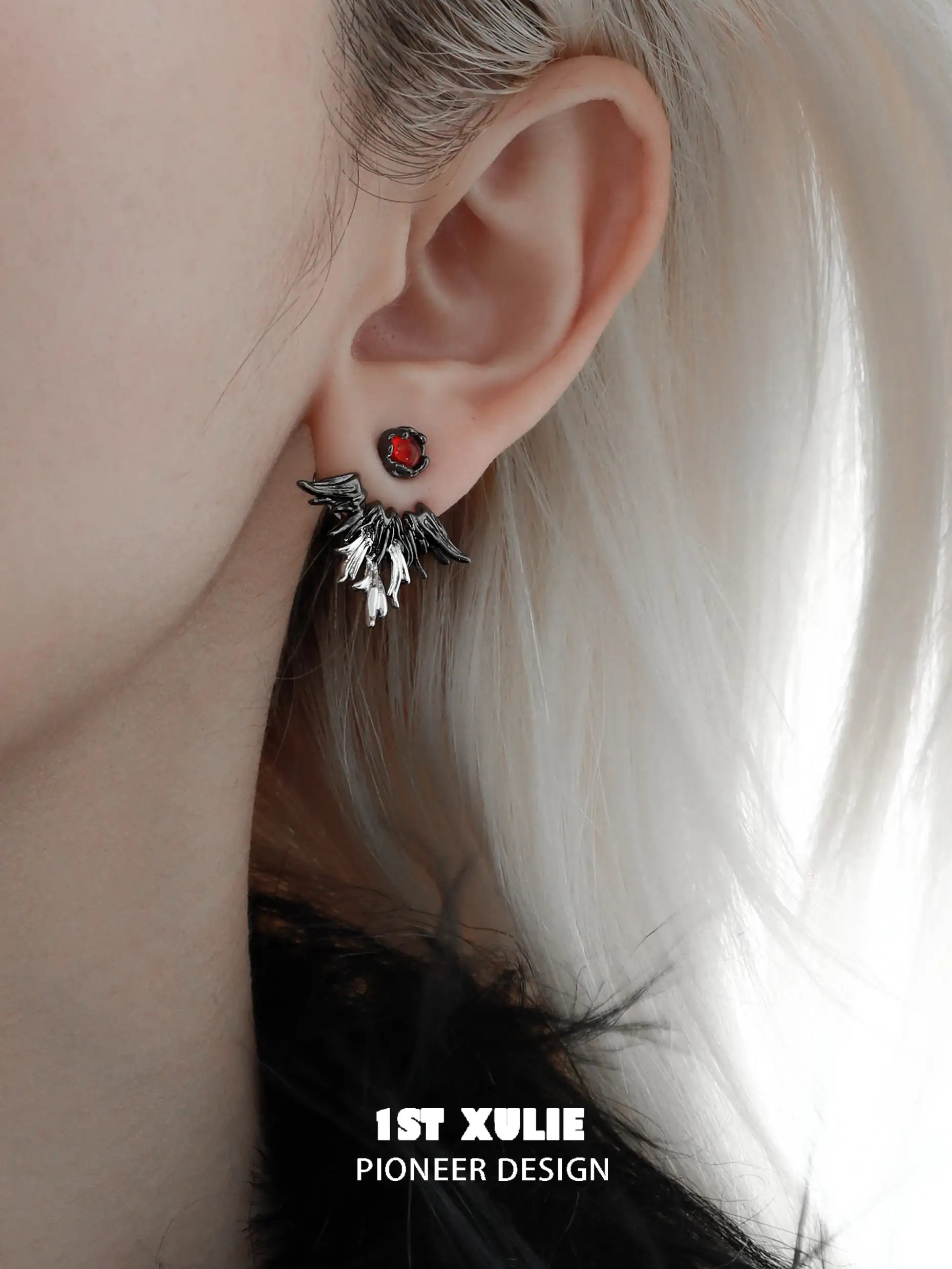 Lucifer Red Crystal 18K Black Gold Cherub Stud Earrings for Women - Elegant Angel Wing Jewelry Gift for Valentine's Day, Anniversary & Special Occasions