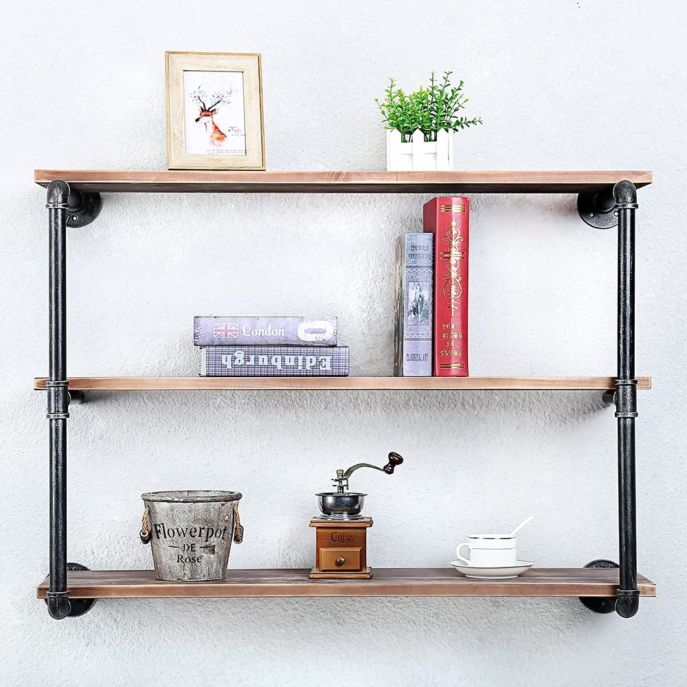 Industrial Pipe Floating Shelves with Wood Shelf - 3 Tier 36 Inch Wall Mounted Metal Shelving for Books & Decor | Perfect for Living Room, Bedroom & Office Storage