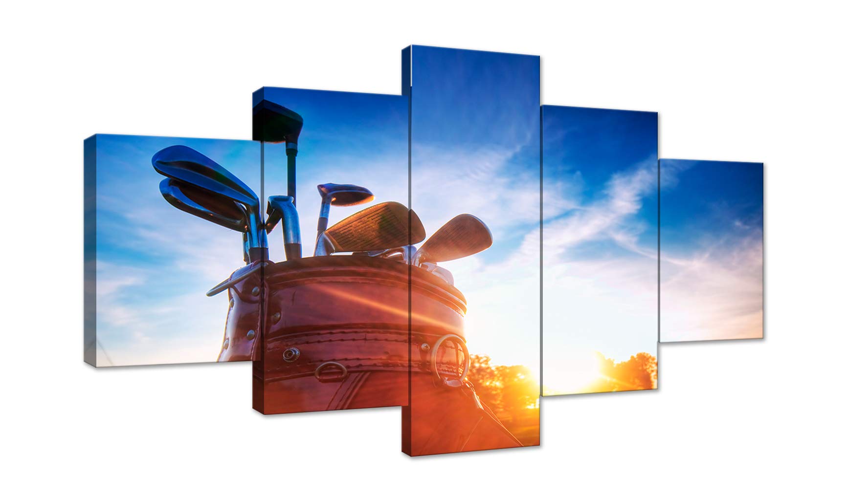 5 Panel Golf Clubs Wall Art Canvas Painting - Modern Modular Sunshine Golf Enthusiast Gift - Framed & Ready to Hang Home Decor for Living Room, Office, or Man Cave - Perfect Golf Themed Decor for Sports Fans