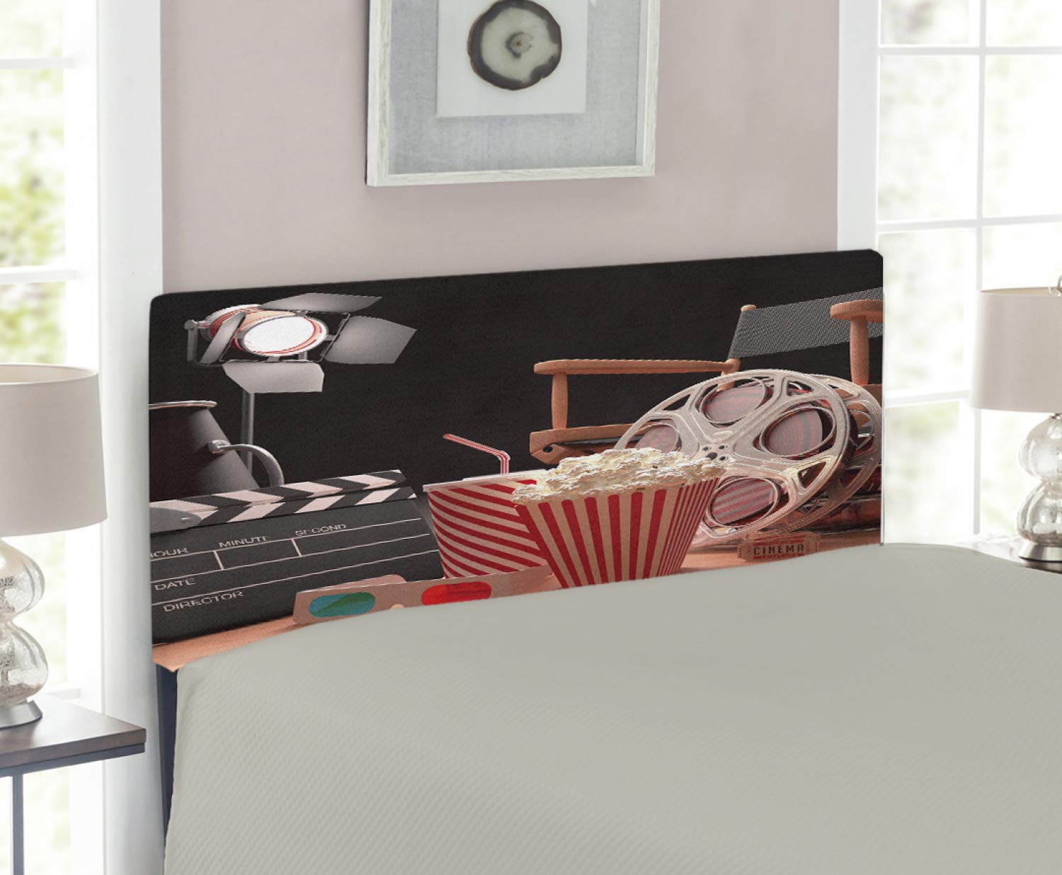 Ambesonne Movie Theater Headboard - Hollywood Film Industry Inspired Upholstered Metal Bed Headboard with Memory Foam, Twin Size, Multicolor | Perfect for Movie Lovers' Bedroom Decor & Home Theater Themed Rooms