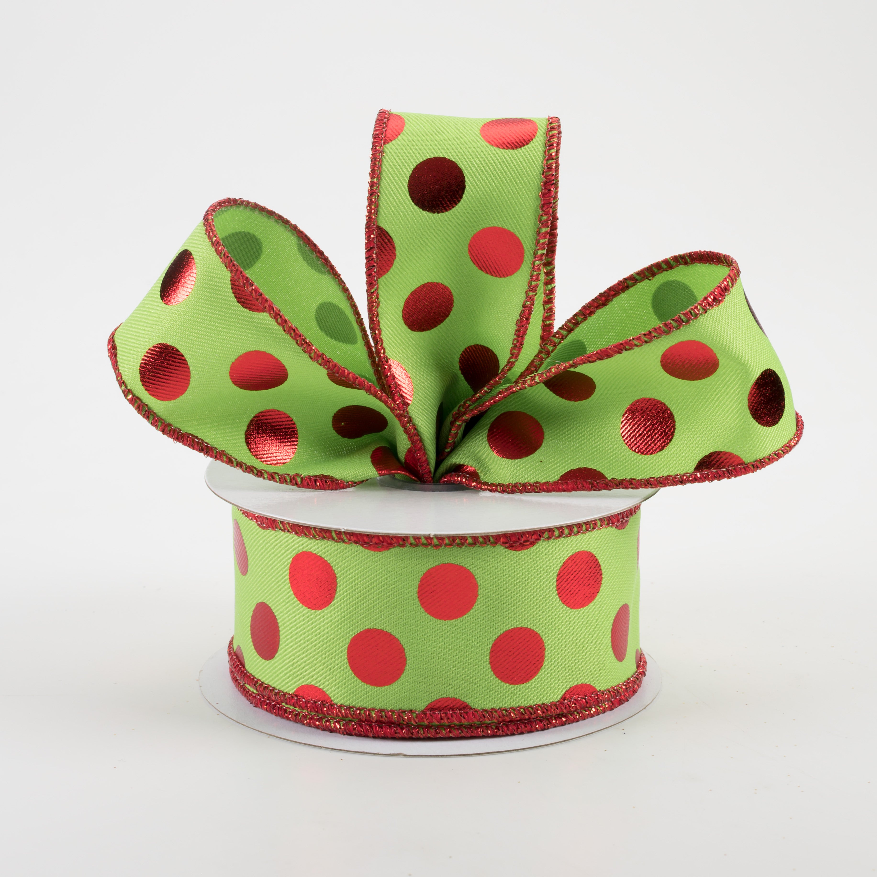 1.5 Inch Metallic Polka Dot Ribbon - Lime Green & Red Craft Ribbon (10 Yards) for Gift Wrapping, DIY Projects, Party Decorations and Scrapbooking