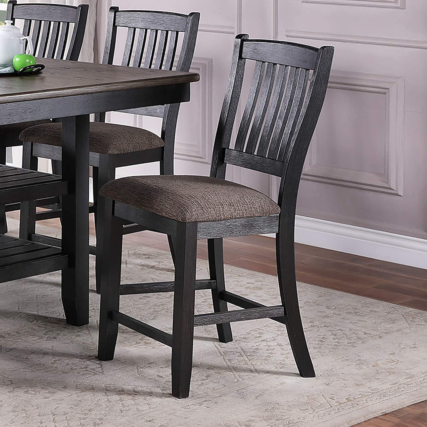 Dark Wooden Counter Height Bar Stools Set of 2 - Classic Coffee Finish Fabric Upholstered Seats with Unique Back Design - Perfect for Kitchen Islands, Breakfast Nooks & Dining Rooms