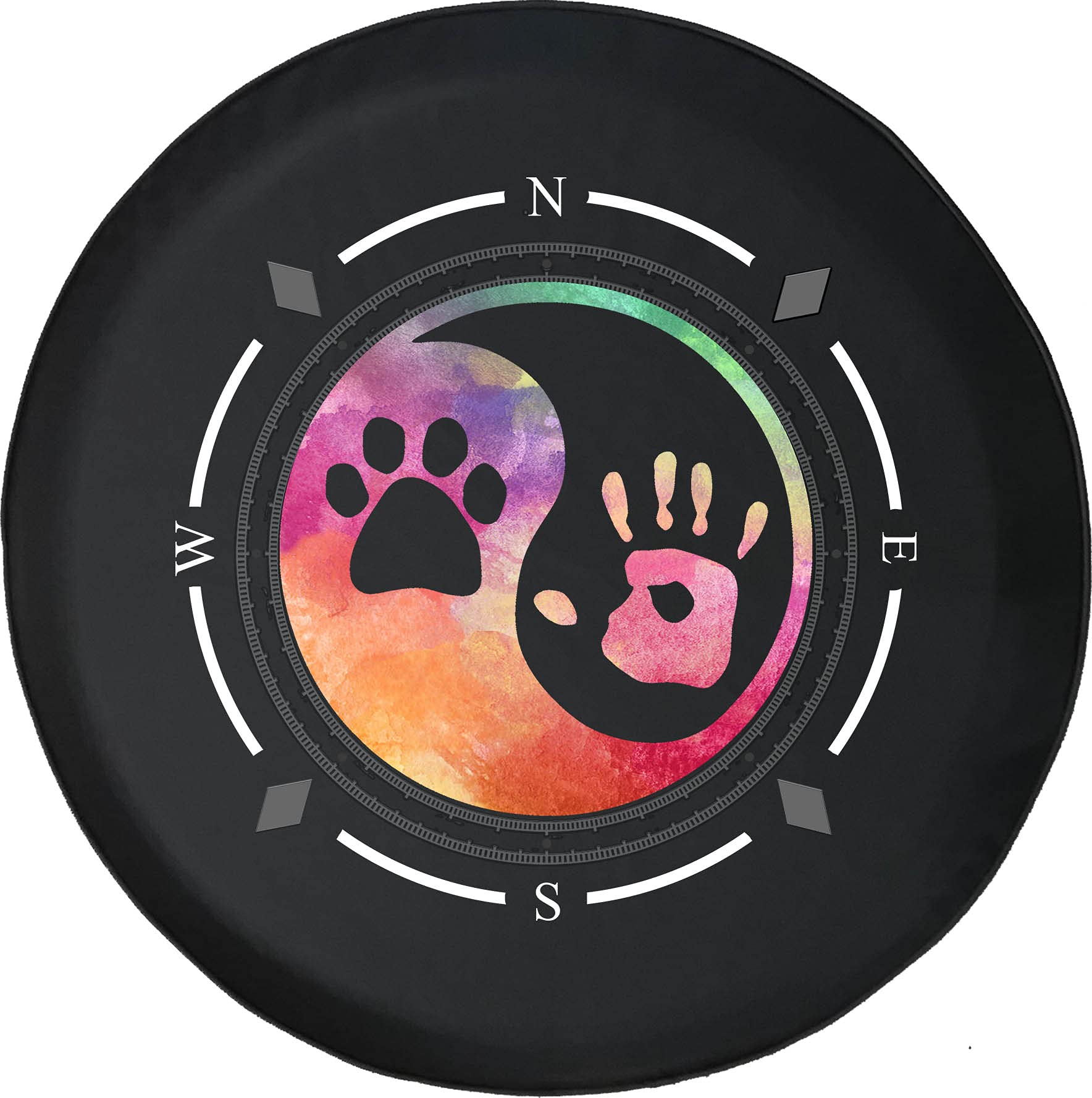 American Unlimited Spare Tire Cover with Compass Watercolor Design - Yin Yang & Pet Dog Paw Print Wheel Covers for SUV, Trailer, RV Accessories | Durable & Weatherproof for Outdoor Adventures, Camping & Road Trips