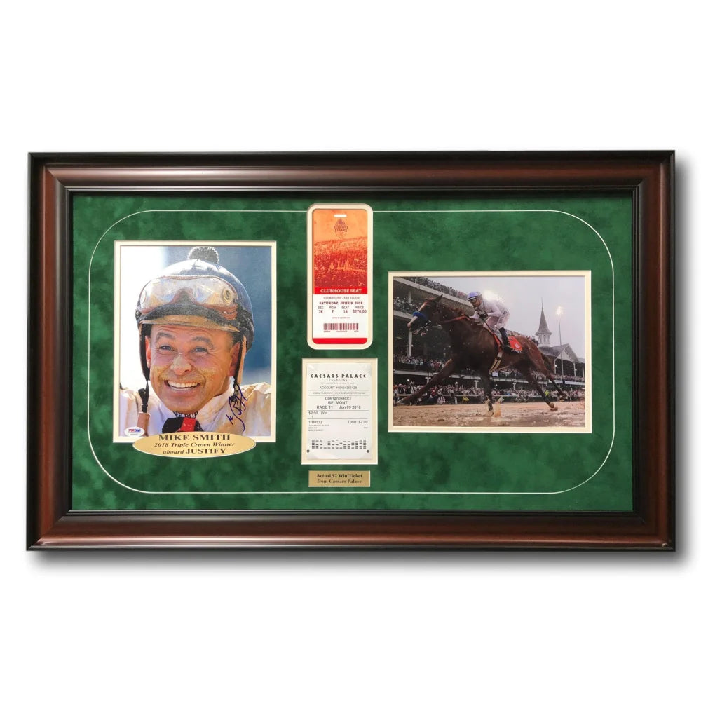 Mike Smith Triple Crown Framed Signed 8x10 Photo - Authentic Justify COA PSA/DNA with Ticket - Perfect for Sports Memorabilia Collectors & Horse Racing Fans