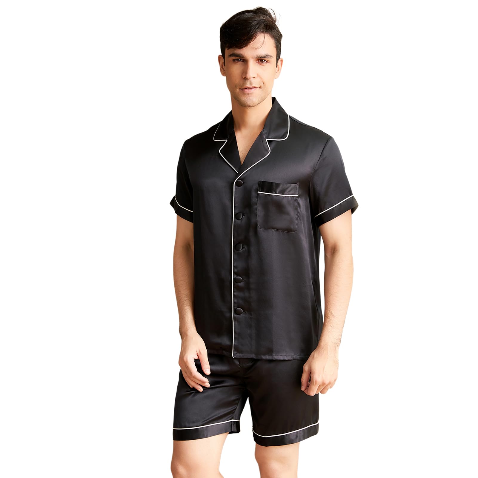 THXSILK Men's 100% Pure Mulberry Silk Pajama Set - Short Sleeve Shirt & Shorts | Luxury Sleepwear for Summer, Travel & Relaxation at Home