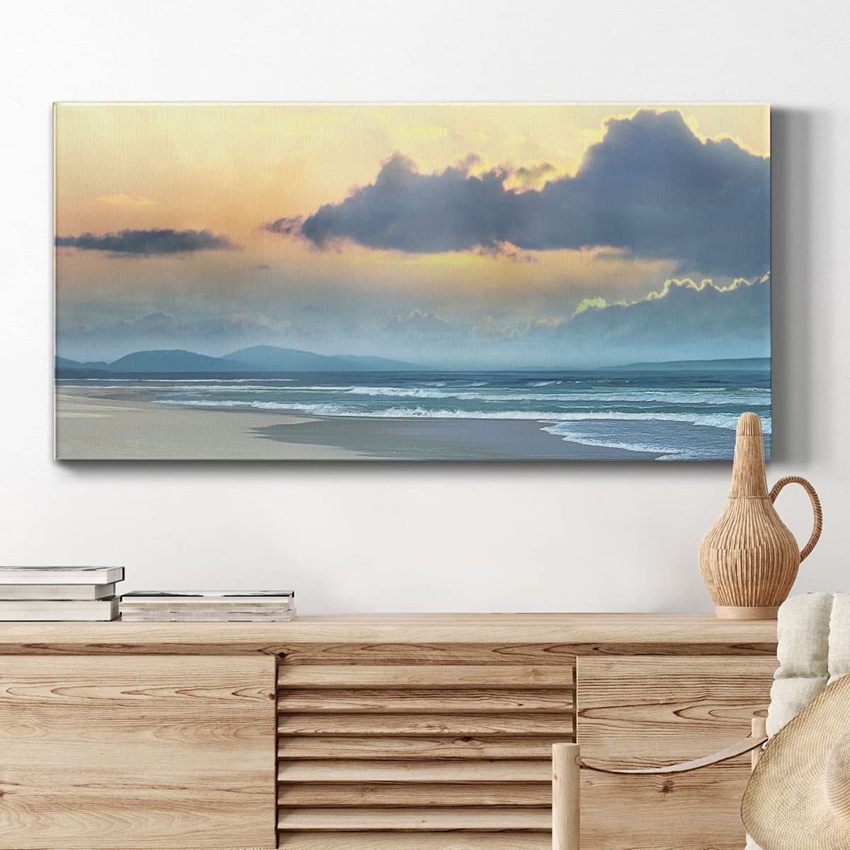 Modern Ocean Sunrise Canvas Wall Art - Blue Beach Landscape Print for Living Room, Bedroom, Bathroom & Office Decor - Ready to Hang 24x48 Inches - Perfect for Coastal, Nautical & Relaxing Home Interiors