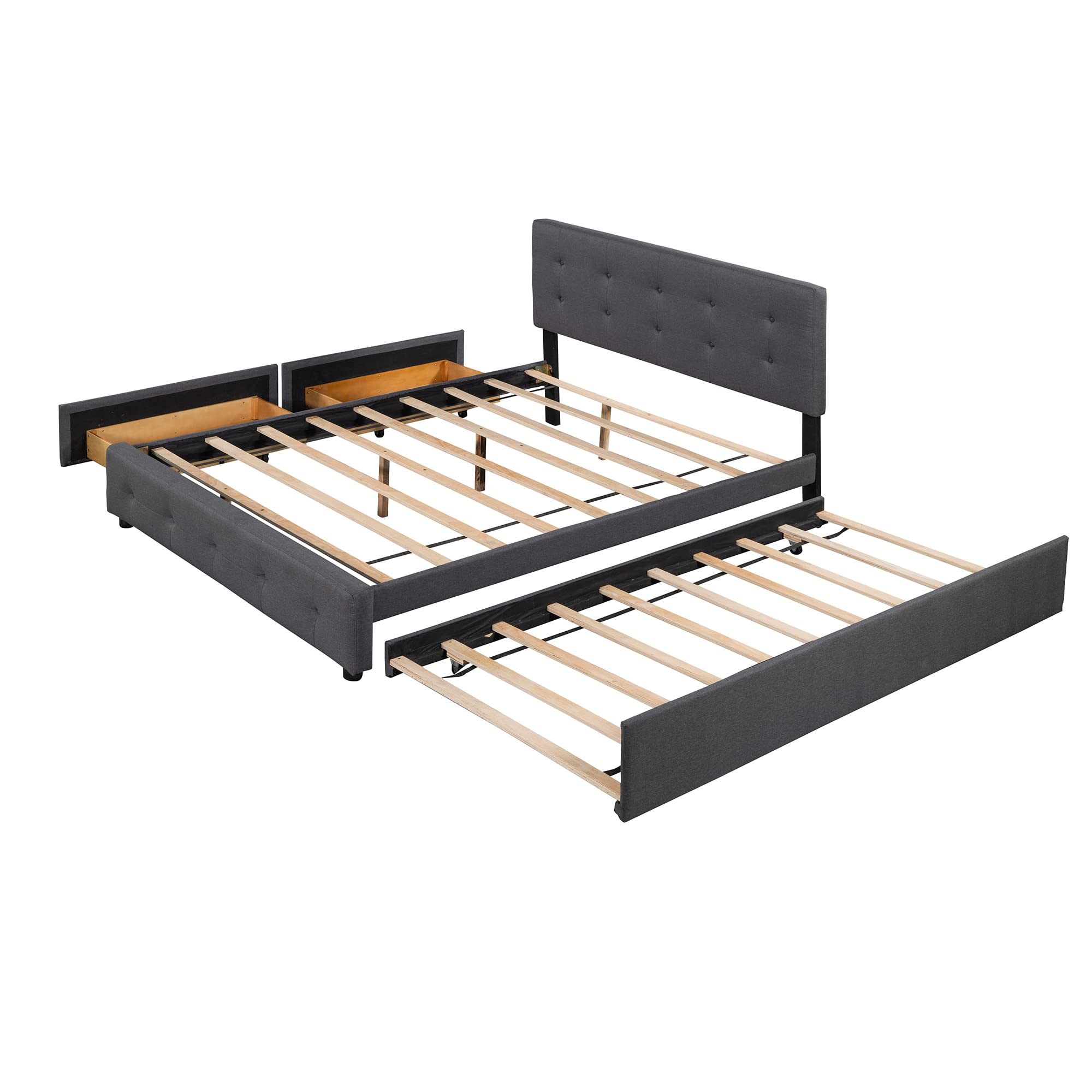 Modern Queen Size Upholstered Platform Bed with 2 Storage Drawers & Twin XL Trundle - Linen Fabric Bed Frame with Tufted Headboard, Mattress Foundation - Space Saving Design (Dark Gray) - Perfect for Small Bedrooms, Guest Rooms & Studio Apartments