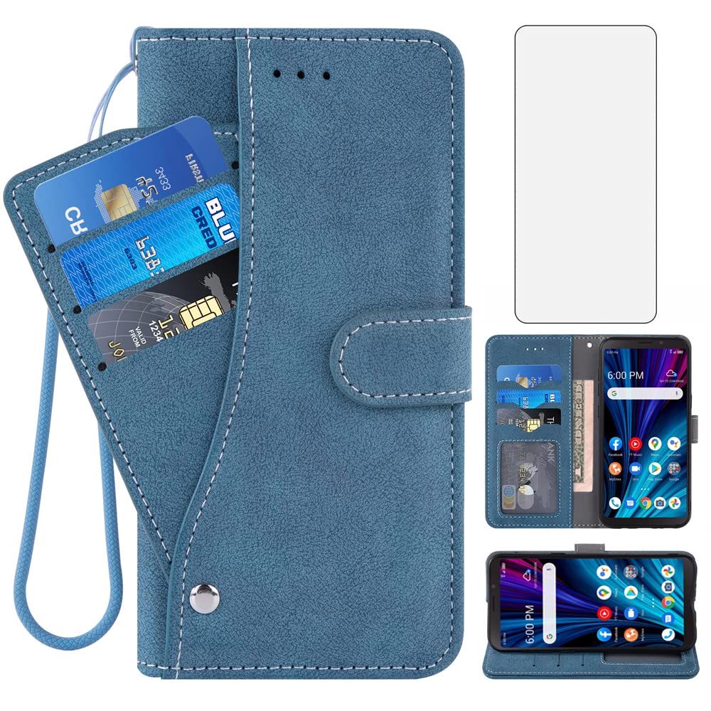 ASUWISH Wallet Case with Tempered Glass Screen Protector for Alcatel TCL A3X A600DL - Flip Cover with Credit Card Holder & Stand Function (Blue, 6.0 Inch) | Perfect for Daily Use, Travel & Hands-Free Viewing