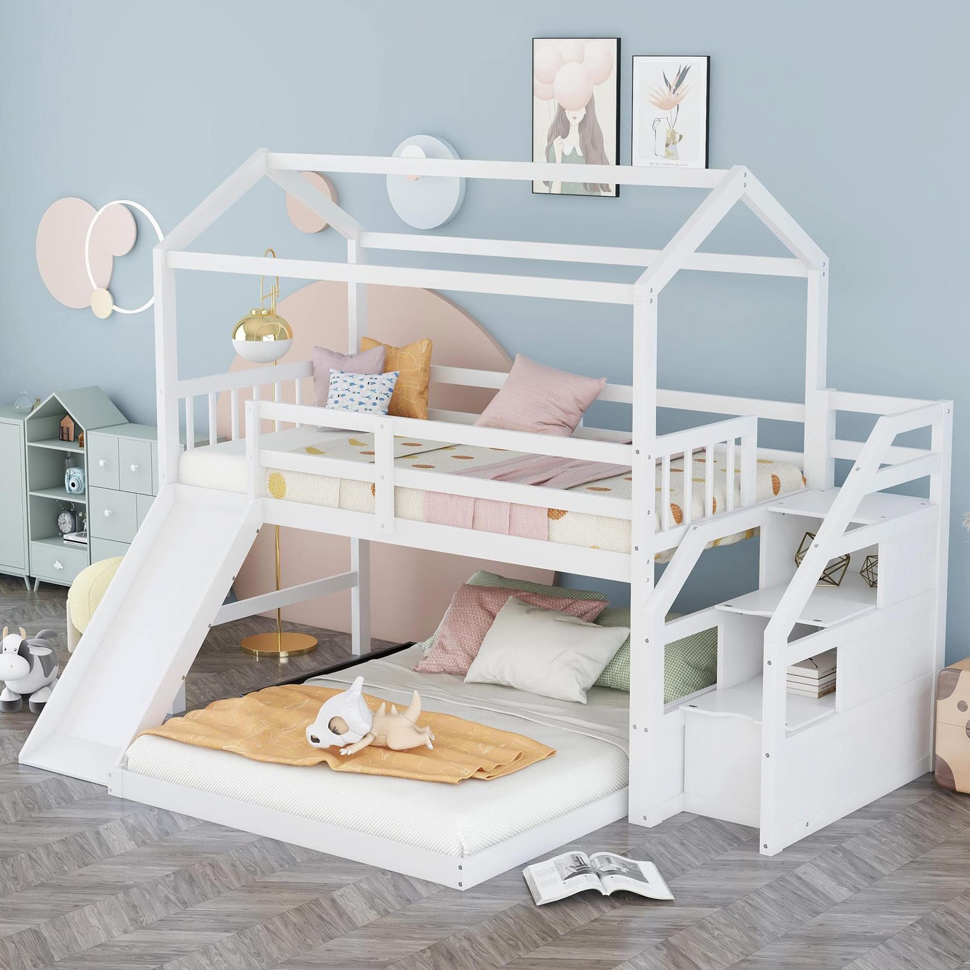 SOHUSPHOME Twin Over Full Bunk Bed with Convertible Slide & Storage Stairs - Solid Wood Frame, Full Guardrail, No Box Spring Needed - Perfect for Kids & Teens Bedrooms, Guest Rooms or Vacation Homes - White