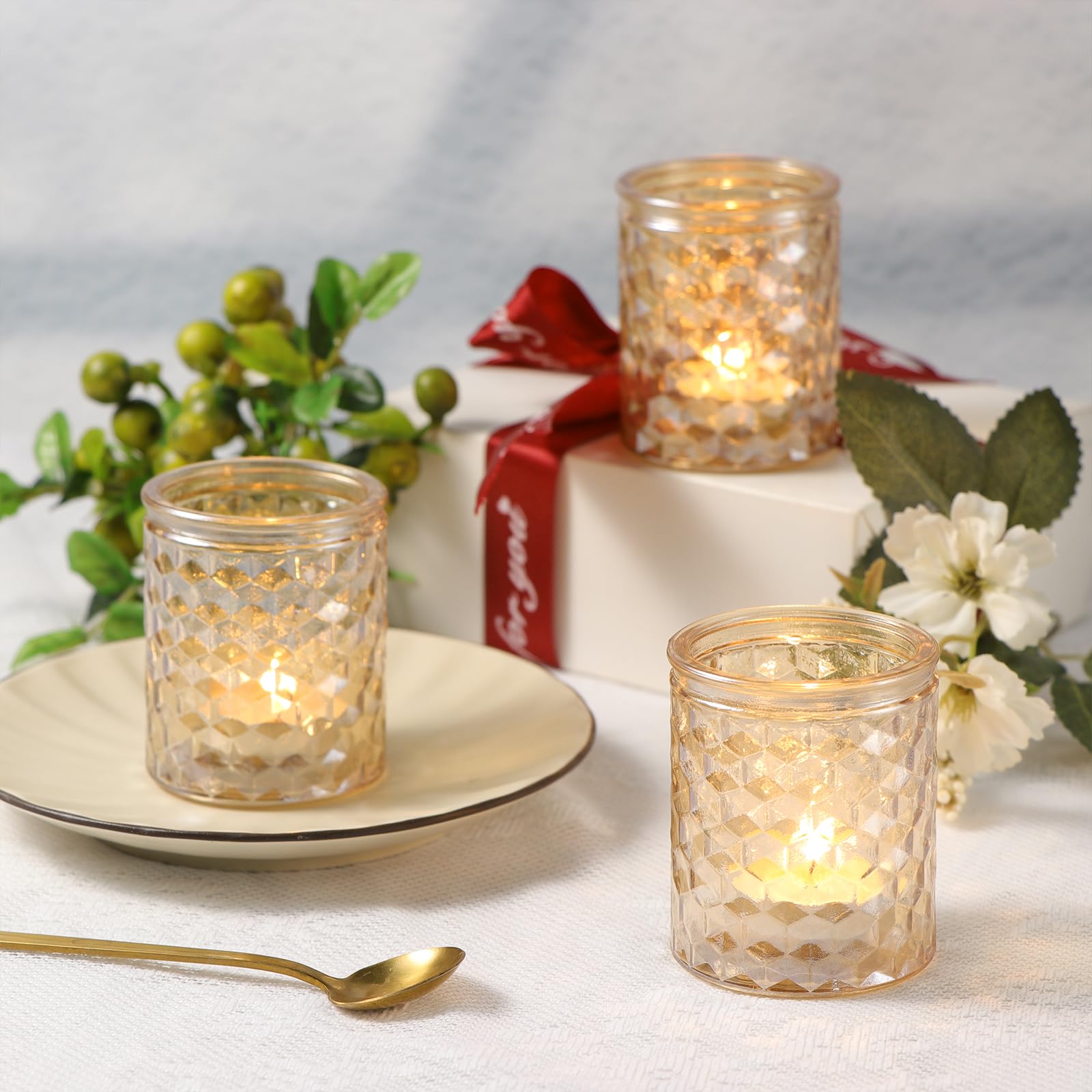 12-Piece Gold Glass Votive Candle Holders - Elegant Tea Light Candle Holders for Wedding Centerpieces, Party Decor, Baby Shower Table Decorations - Perfect for Romantic Dinners, Holiday Decor & Special Events