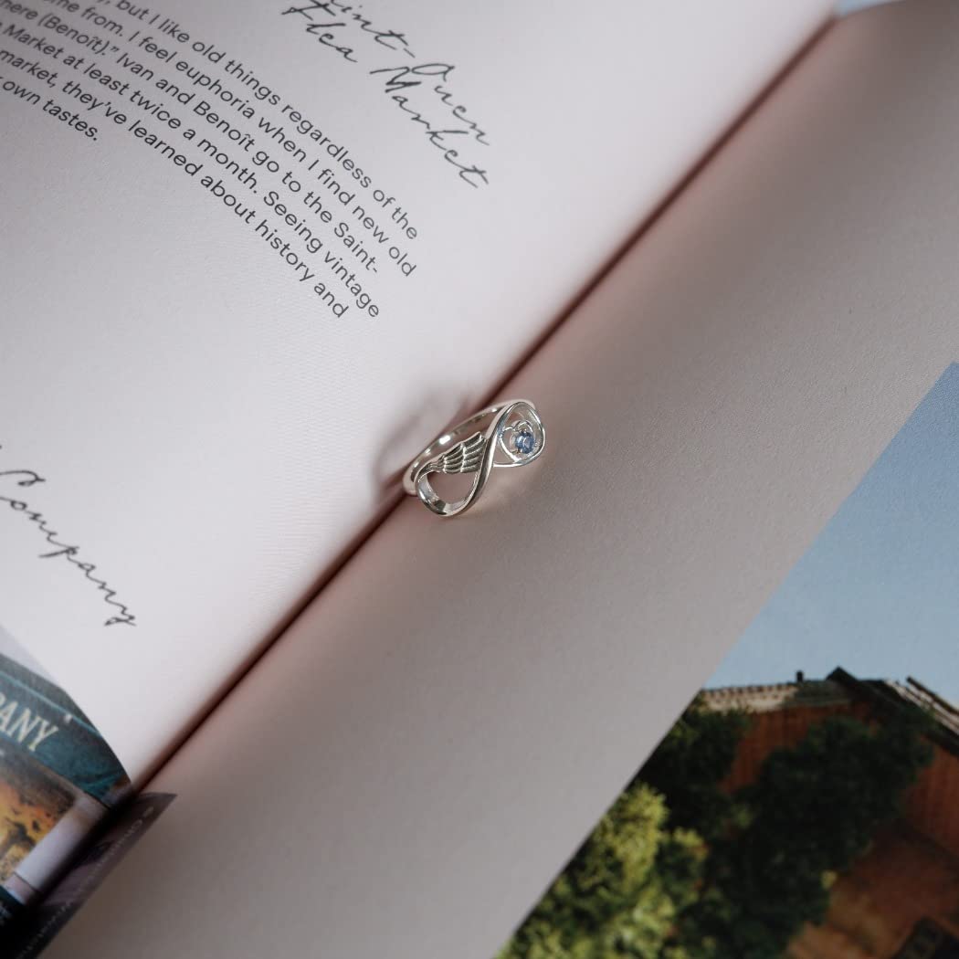 Angel Wing Birthstone Ring for Women - Personalized Sterling Silver Infinity Wings Ring with Custom Name Engraving - Thoughtful Miscarriage Memorial Gift for Mothers, Daughters & Loved Ones - Perfect for Mother's Day, Remembrance Jewelry & Sympathy Gifts