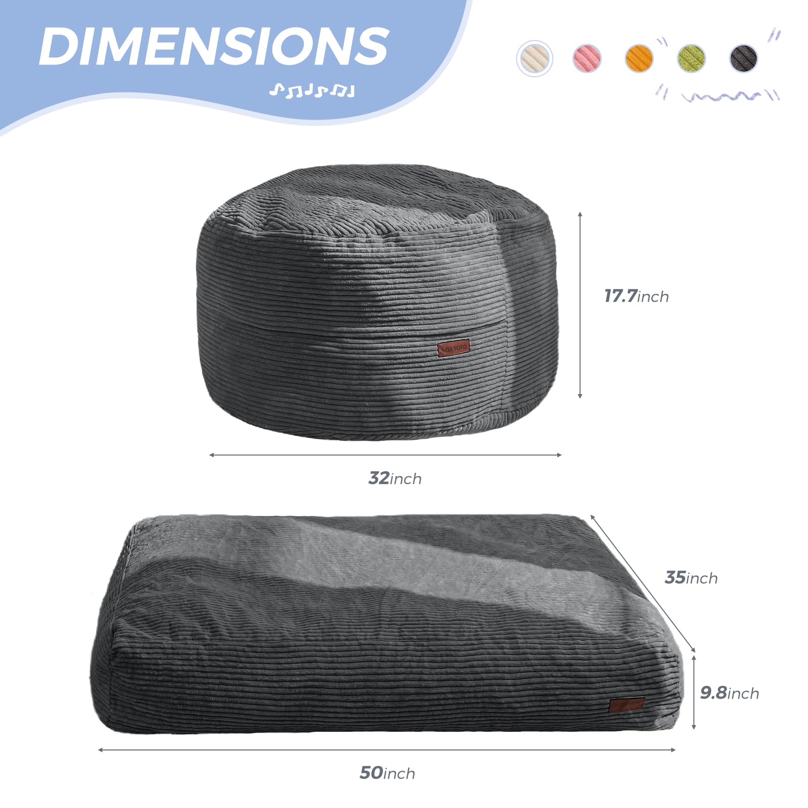 MAXYOYO Kids Corduroy Bean Bag Chair - Convertible to Floor Mattress, Dark Grey - Perfect for Playrooms, Bedrooms & Lounging