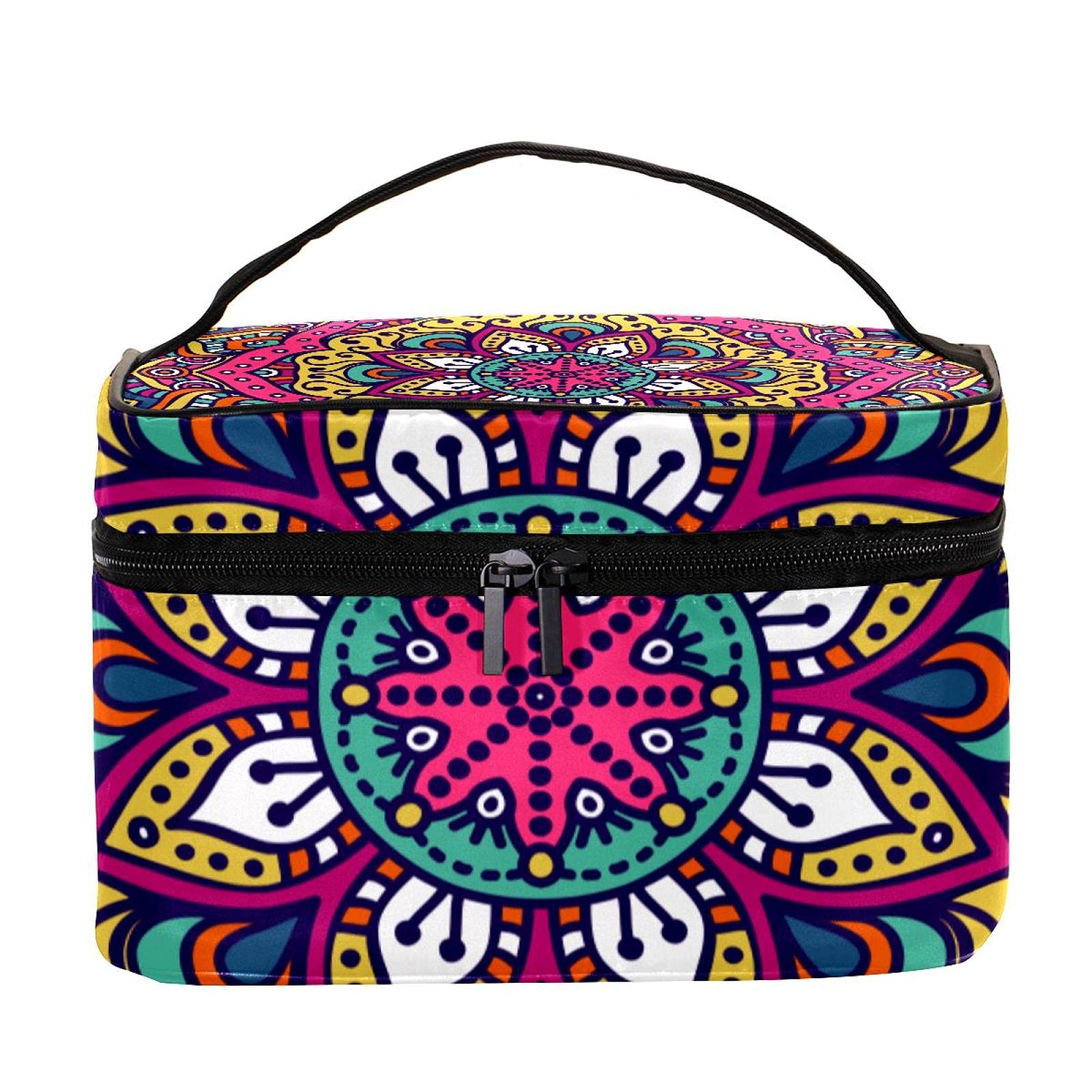 Hippie Mandala Floral Pattern Travel Makeup Bag - Large Cosmetic Organizer with Zipper for Women & Girls | Perfect for Vacation, Gym, Beach & Daily Essentials Storage