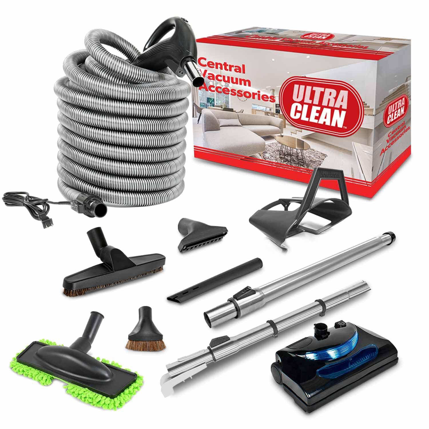 Ultra Clean Universal Central Vacuum Electric Powerhead Kit with 30ft Hose & Deluxe Attachments (Pigtail, Black) - Perfect for Whole House Cleaning, Pet Hair Removal, and Hard Floor Maintenance
