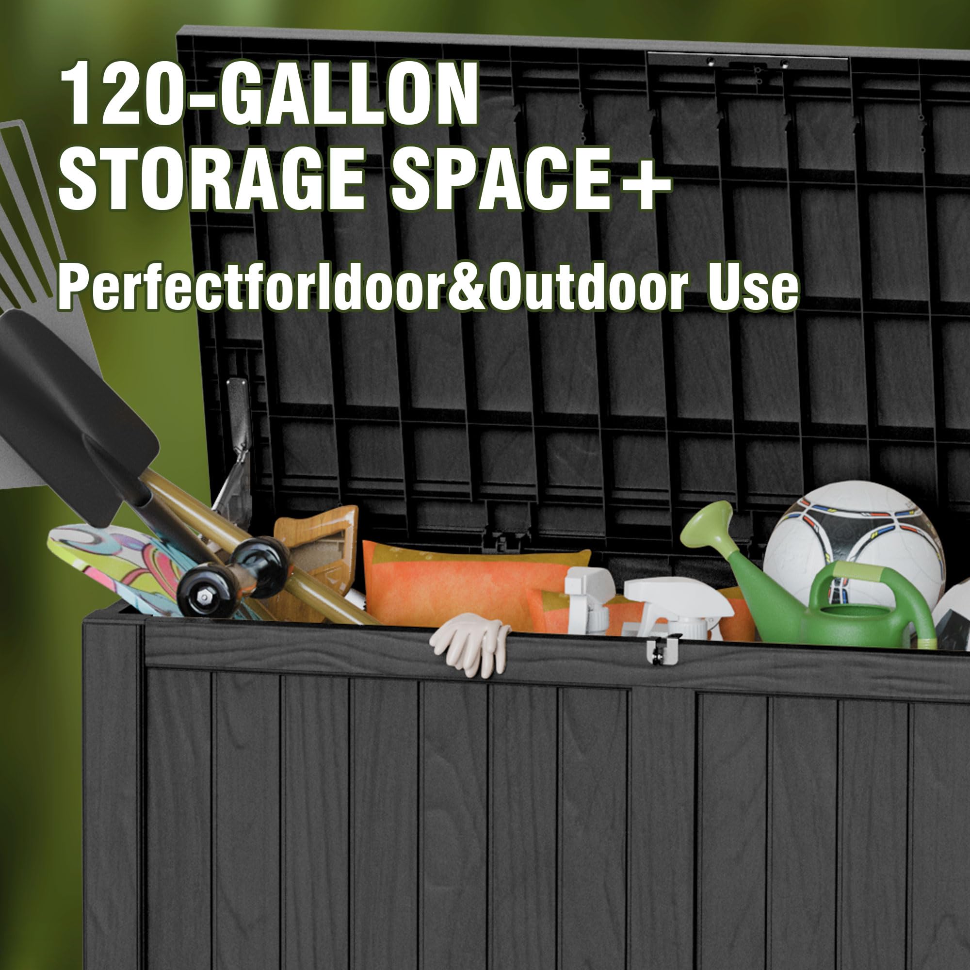 120 Gallon Outdoor Deck Box - Waterproof Resin Storage Container with Lockable Lid for Patio Furniture Cushions, Gardening Tools & Pool Accessories - Durable Indoor/Outdoor Storage Bin (Black) - Perfect for Backyard, Garden & Poolside Organization