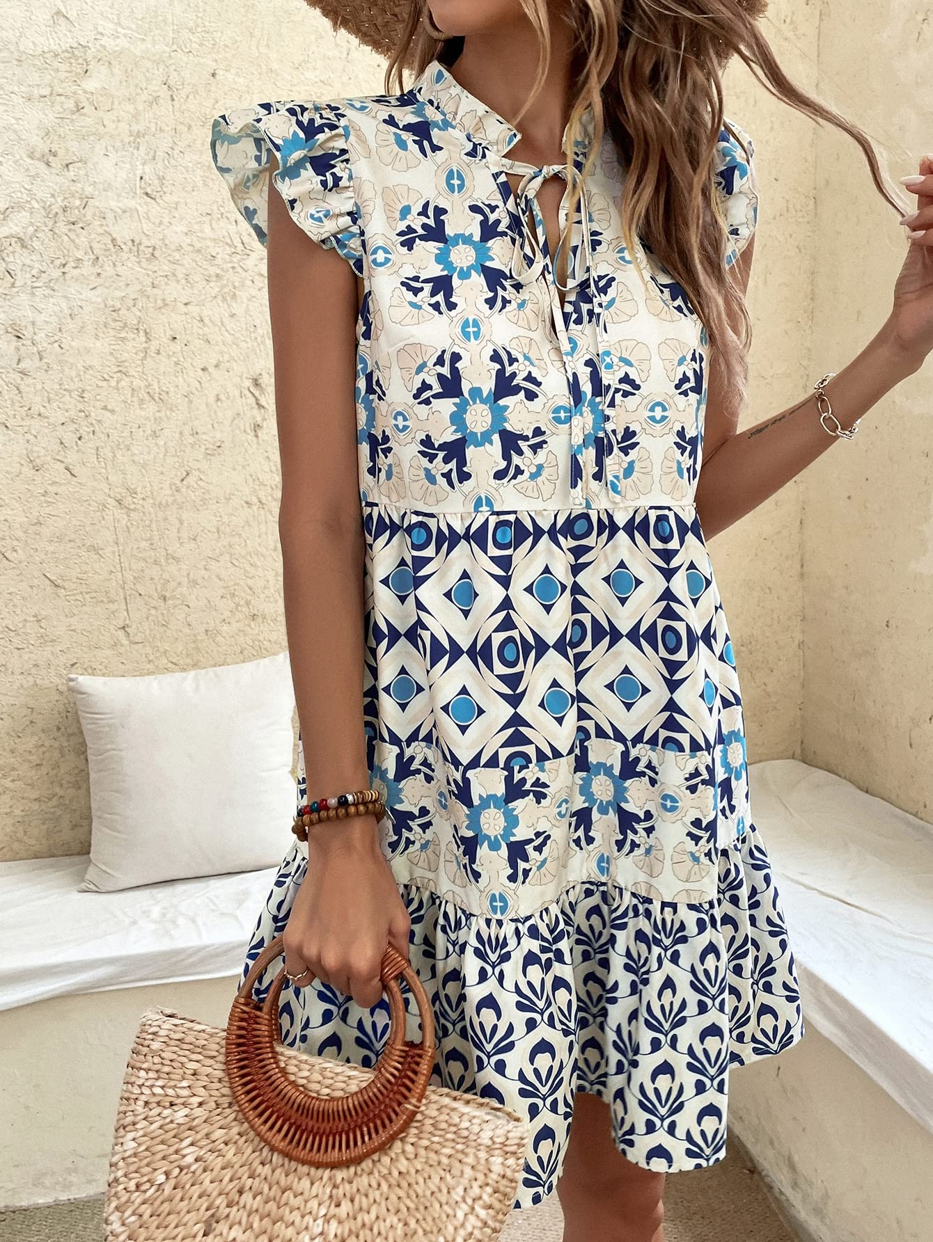 2023 Women's Summer Geo Print Butterfly Sleeve Tie Neck Ruffle Hem Smock Dress - X-Large Multicolor | Casual Beach Wear, Vacation Outfit & Party Dress