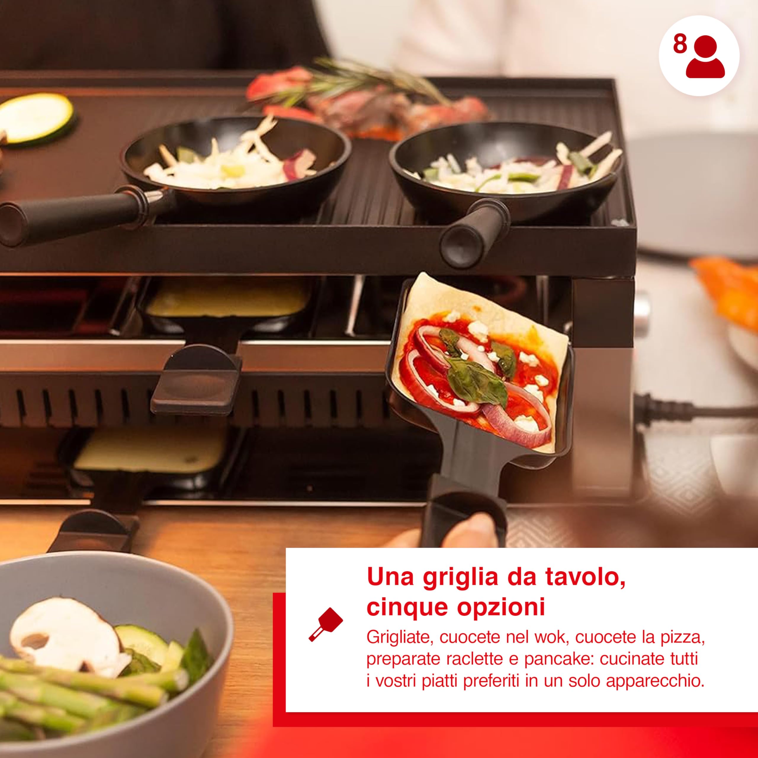 Solis 5-in-1 Electric Table Grill - Electric Raclette, Tabletop Grill, Mini Wok, Mini Pizza & Pancake Maker - 1400W for 8 People - Perfect for Family Gatherings, Parties & Indoor BBQs