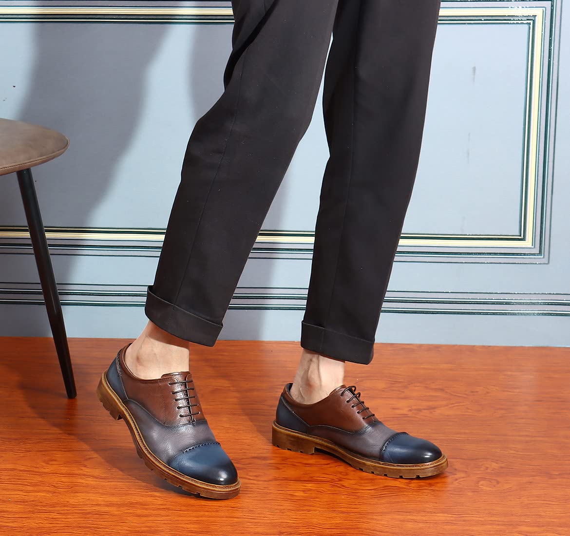 Premium Men's Leather Dress Shoes - Classic Cap Toe Oxfords & Derby Style in Blue & Brown | Formal Business Attire, Wedding & Office Wear