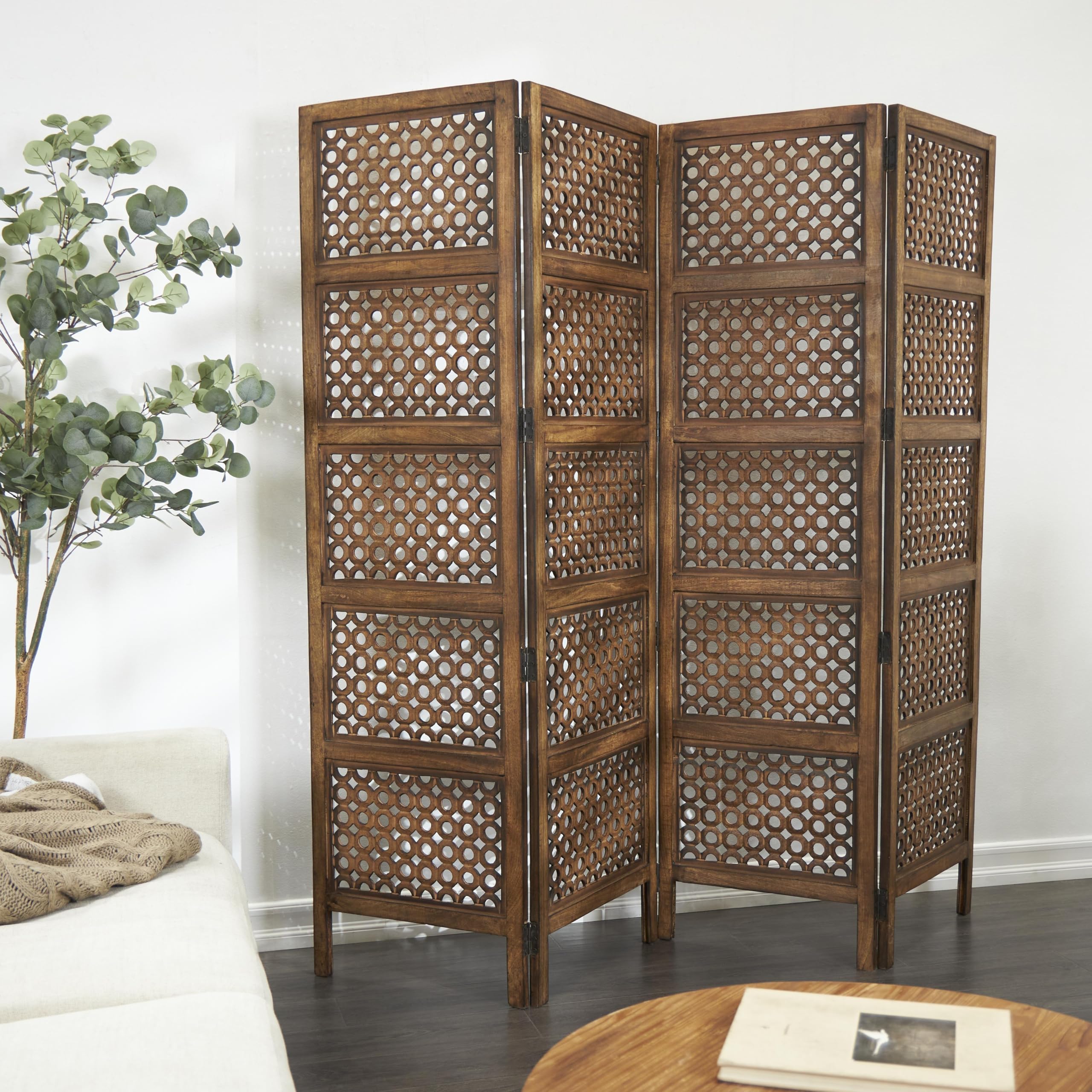 Handmade Wooden Floral Room Divider Screen - Large Brown Partition Wall Decor for Living Room, Bedroom, Office | Home & Office Privacy Screen, Decorative Room Separator