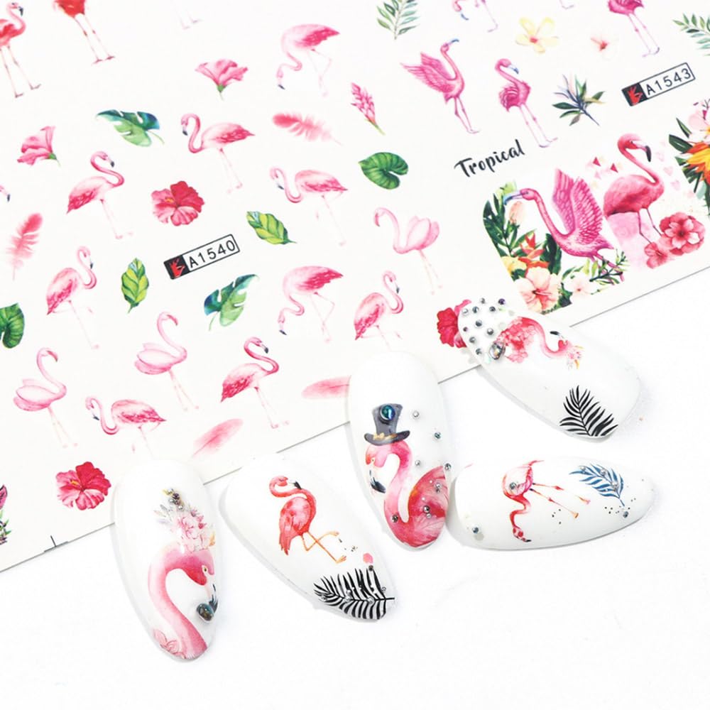 12 Sheet Flamingo Nail Art Stickers - Tropical Flamingo & Green Leaf Design Water Transfer Nail Decals | Summer Nail Decorations | Waterproof Acrylic Nail Stickers for Women DIY Manicure | Perfect for Beach Parties, Vacations & Summer Nail Art