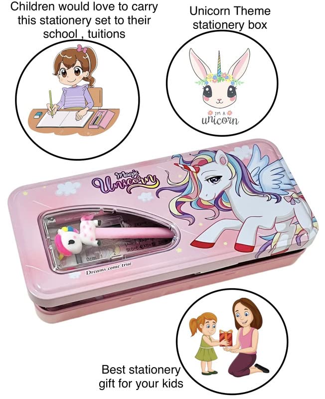 LE DELITE Cartoon Pencil Box - Double Layer School Stationery Organizer with Pencils, Ruler, Eraser, Sharpener & Gel Pens for Kids (Unicorn Design) - Perfect for Classroom, Homework & Back-to-School Supplies