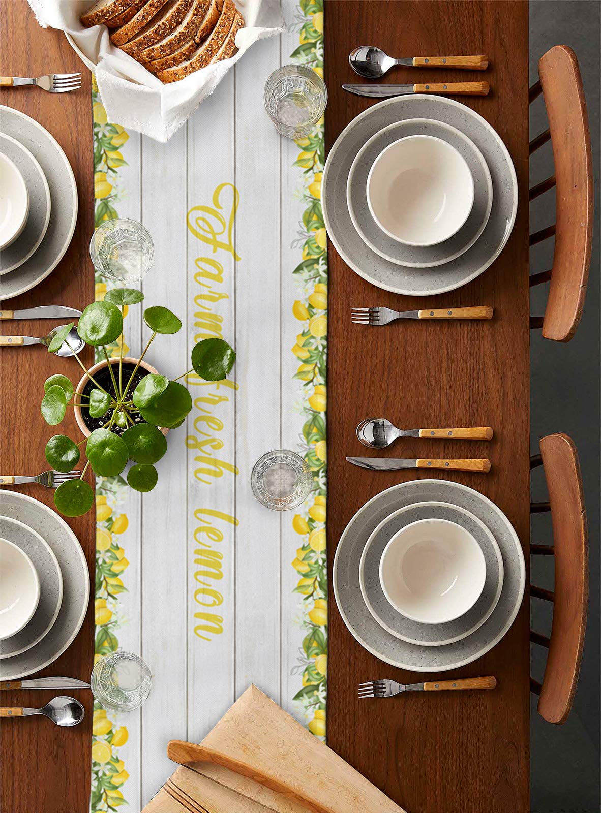 36 Inch Burlap Linen Table Runner - Rustic Lemon Gnome Design for Summer Kitchen, Dining Table, Dresser & Coffee Table Decor | Farmhouse Party & Banquet Table Scarf | Yellow Buffalo Plaid Wood Board Accent - Perfect for Farmhouse Weddings, Brunch Decor & Seasonal Tablescapes